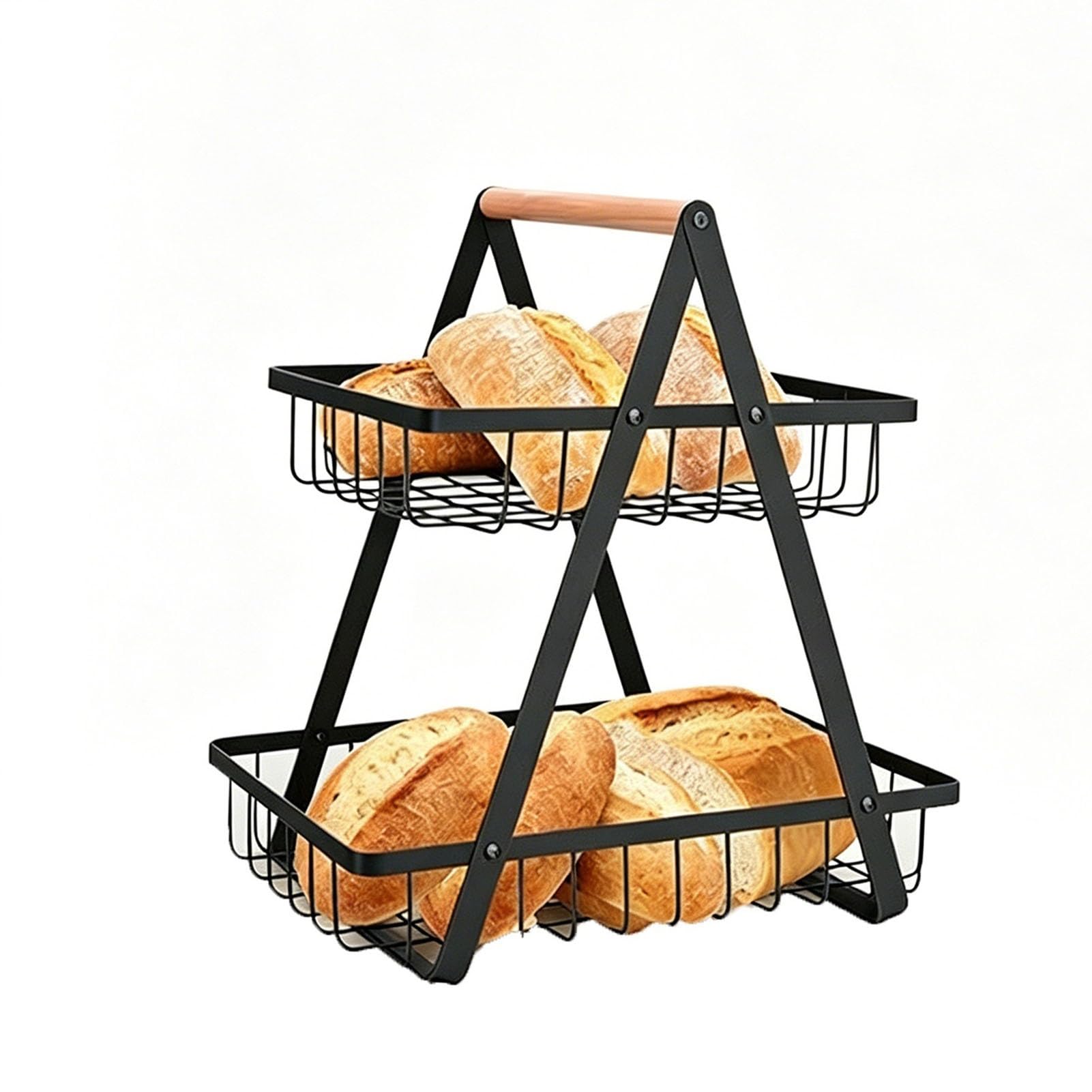 JOUFNING Bakery Rack - Kitchen Fruit Bowl Basket, Detachable Countertop Organizer, for Bread, Fruits, Vegetables, Snacks, Metal Vegetable Storage Rack, with Wooden Handle