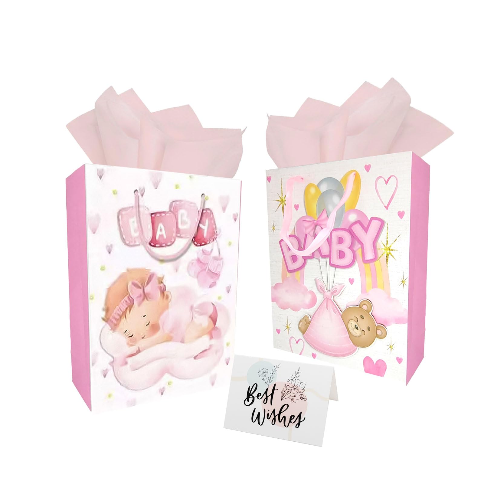 CC wonderland zone Large Gift Bag with Tissue Paper And Card,Pink Gift Bags for Girls(12.5x10x3.9inches,Light pink,2PCS)
