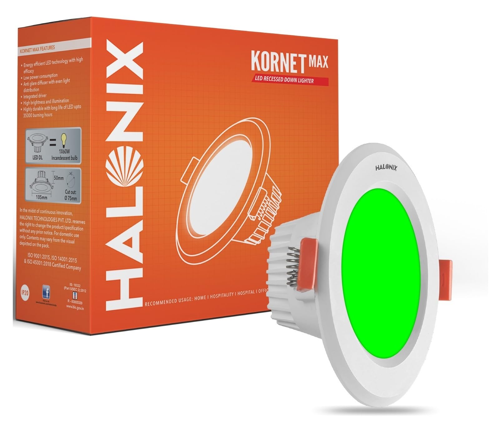 Halonix 5.5W Green Kornet Junction Box led downlighter | Cut Out- 3 inch, Dia- 4.13, Height- 1.96 inch | | Downlighter for Home, Shop and Office |Pack of 1, Green.