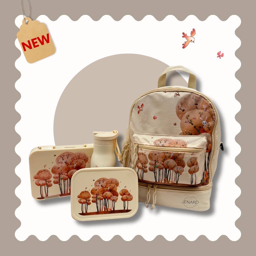 Jenard Brotdose & Trinkflasche Set für Kinder – Edelstahl Lunchbox mit Trennfach & auslaufsichere Thermoflasche – BPA-frei – Creme/Tiere im Wald