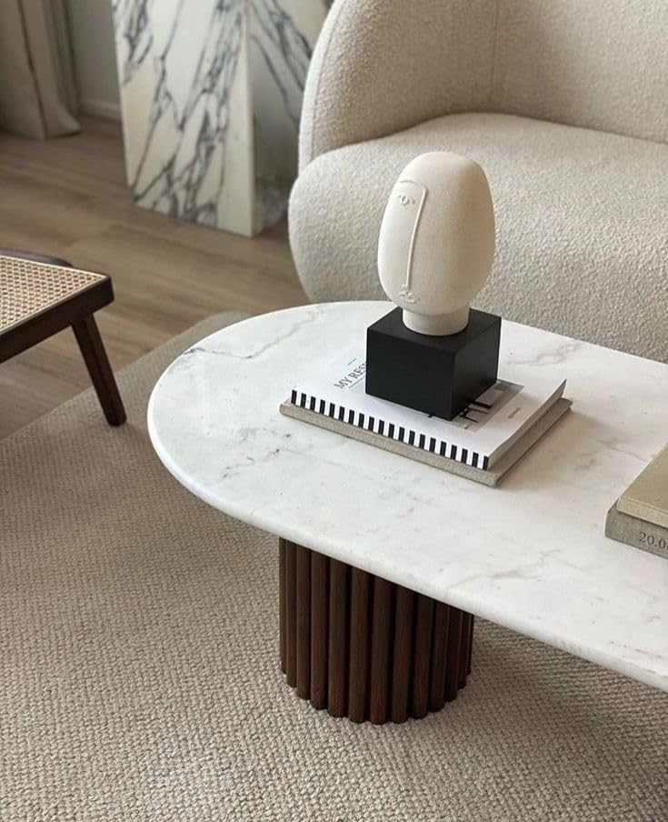 Image of WOODEN SPACE Siena Marble Top Center Table | Modern Oval Coffee Table with Fluted Wooden Base | Luxury Living Room Table