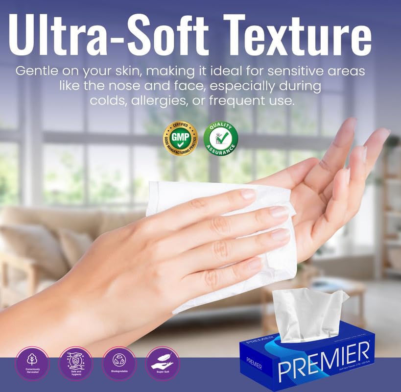 Image of Premier 2-Ply Box Face Tissue Papers - 100 Pulls per Box (Pack of 4, 400 Pulls, 800 Sheets) -Ultra Soft, Gentle & Highly Absorbent Facial Tissues for Home, Office, Car & Travel | Blue