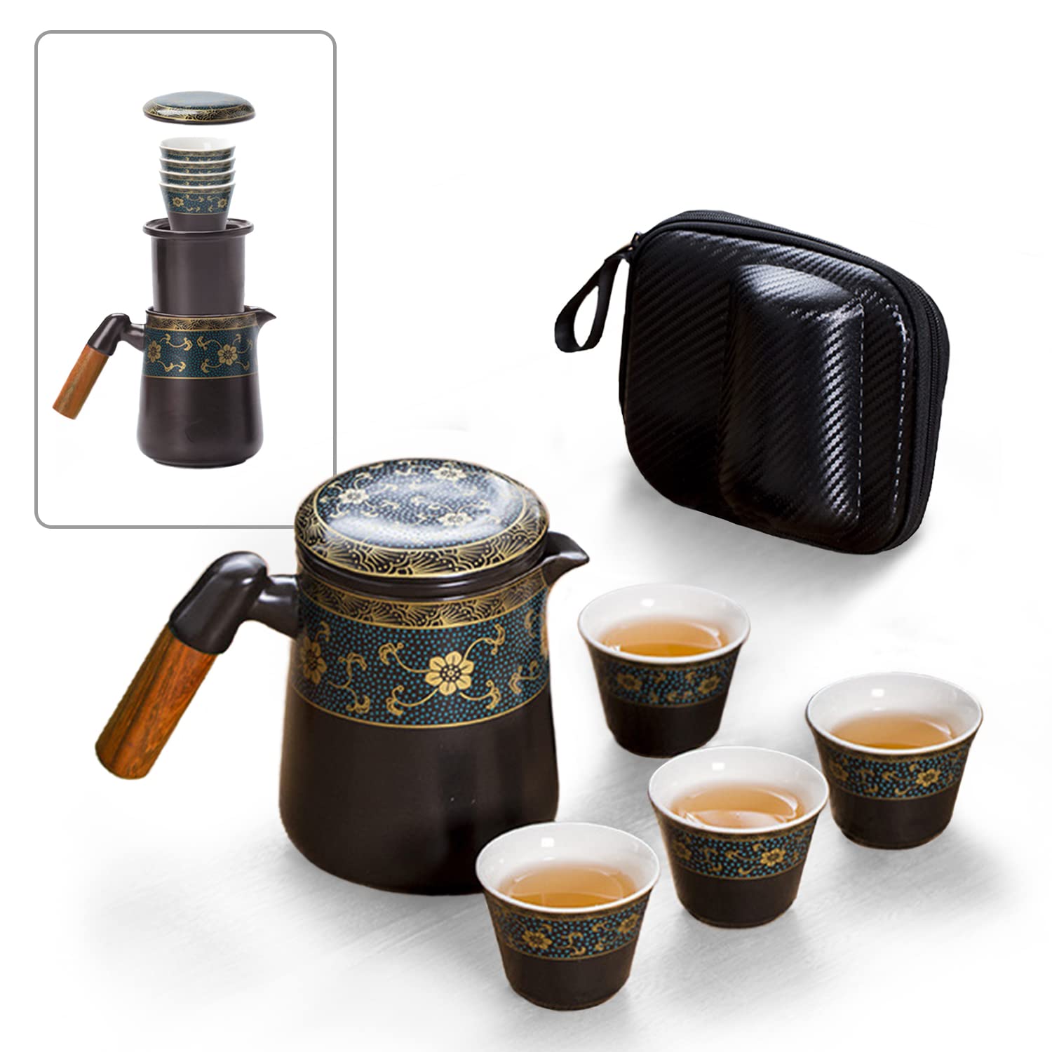 fanquare Czarny zestaw do herbaty Gongfu podróżny, chiński zestaw do herbaty kung fu ze złotym wykończeniem, porcelanowy zestaw do herbaty z przenośną torbą