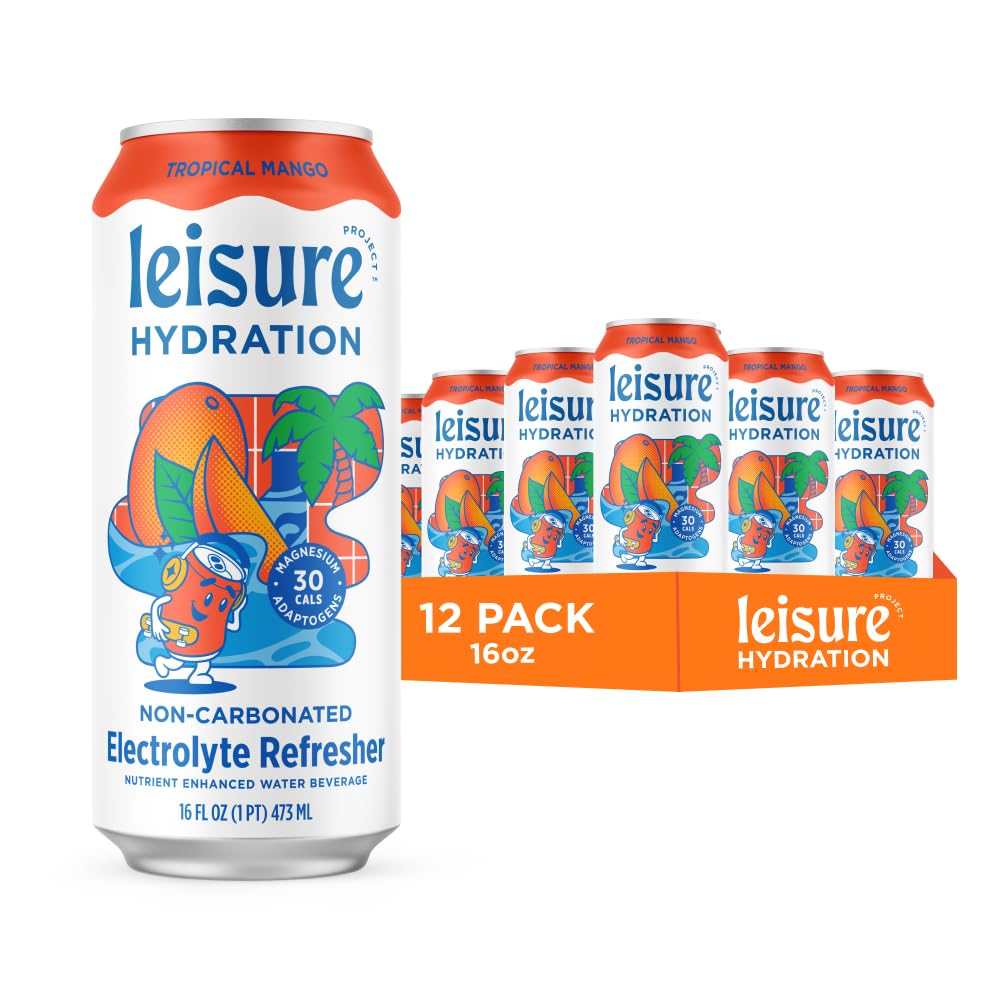 Leisure Hydration Non-Carbonated Electrolyte Refresher, Tropical Mango Flavor - Low Sugar Nutrient Enhanced Water Beverage - Get The Best Hydration Packed w/ Magnesium & Ashwagandha For Mood & Stress Support, Non-GMO, 16 oz (12-Cans)