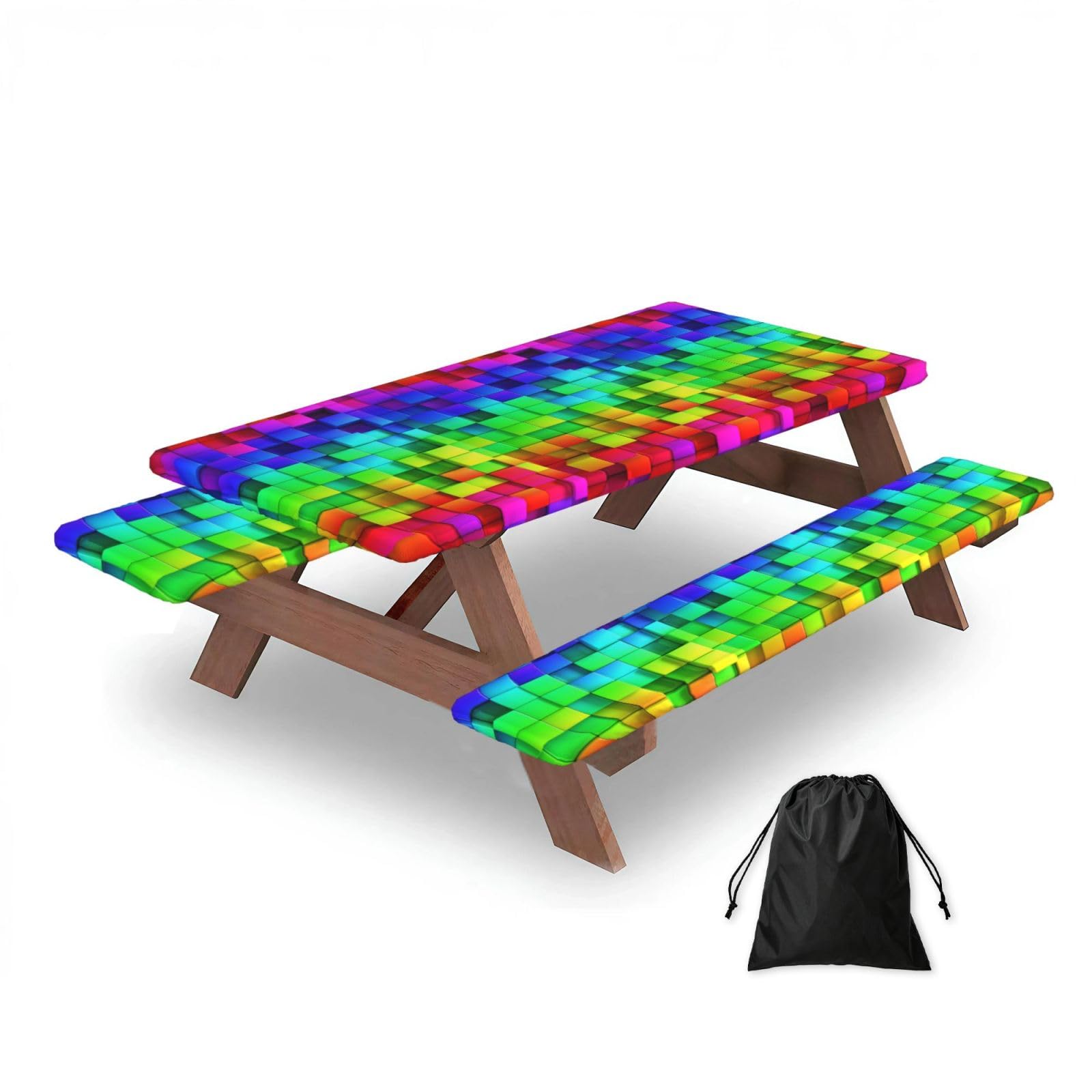 Rainbow Color Plaid, Picnic Table Cover With Bench Covers -Waterproof Elastic Fitted Tablecloth for Garden Camping Patio 76x152cm