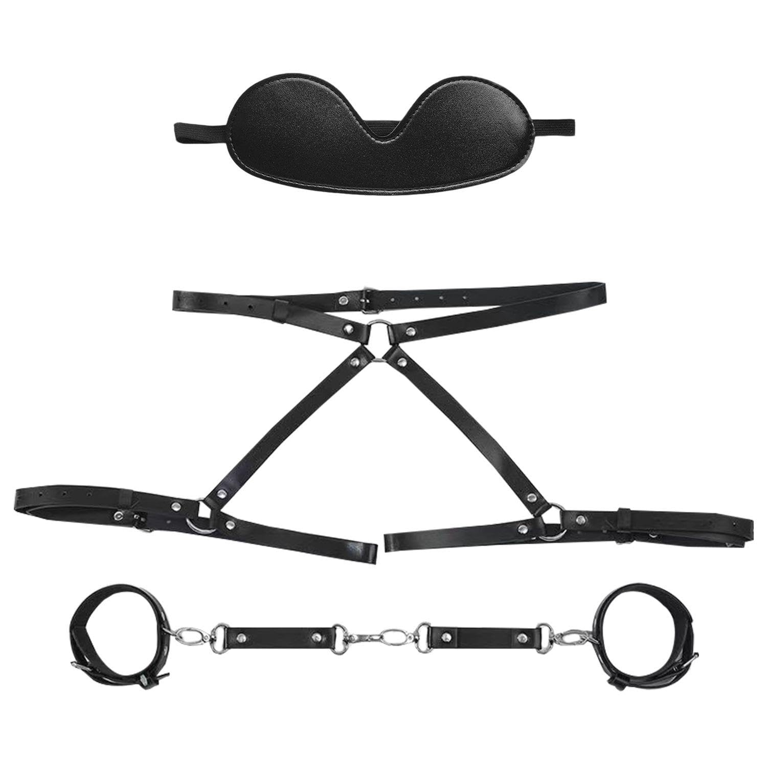 Gdfhbd Black 1 Piece Of Back Restraint Handcuffs And 1 Piece Of Eye Mask, Sexy Leather Strap, Couple Interactive Toys, Personalized Dress-Up Costumes.