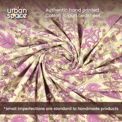 Image of Urban Space 100% Cotton Jaipuri Handblock Printed Double Size Bedsheet with 2 Pillow Covers, 200 TC Cotton Double Bedsheet (90 x 100 Inches, Noor Mahal Yellow)