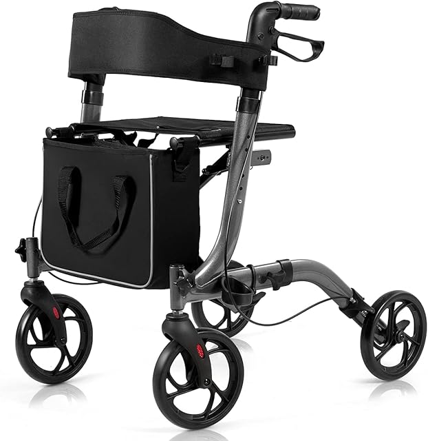 COSTWAY Folding Rollator, 4 Wheels Mobility Walker with Seat, Break, Adjustable Handle, Cane Holder and Detachable Storage Bag, Lightweight Walking Aid for Elderly Handicapped (Grey)