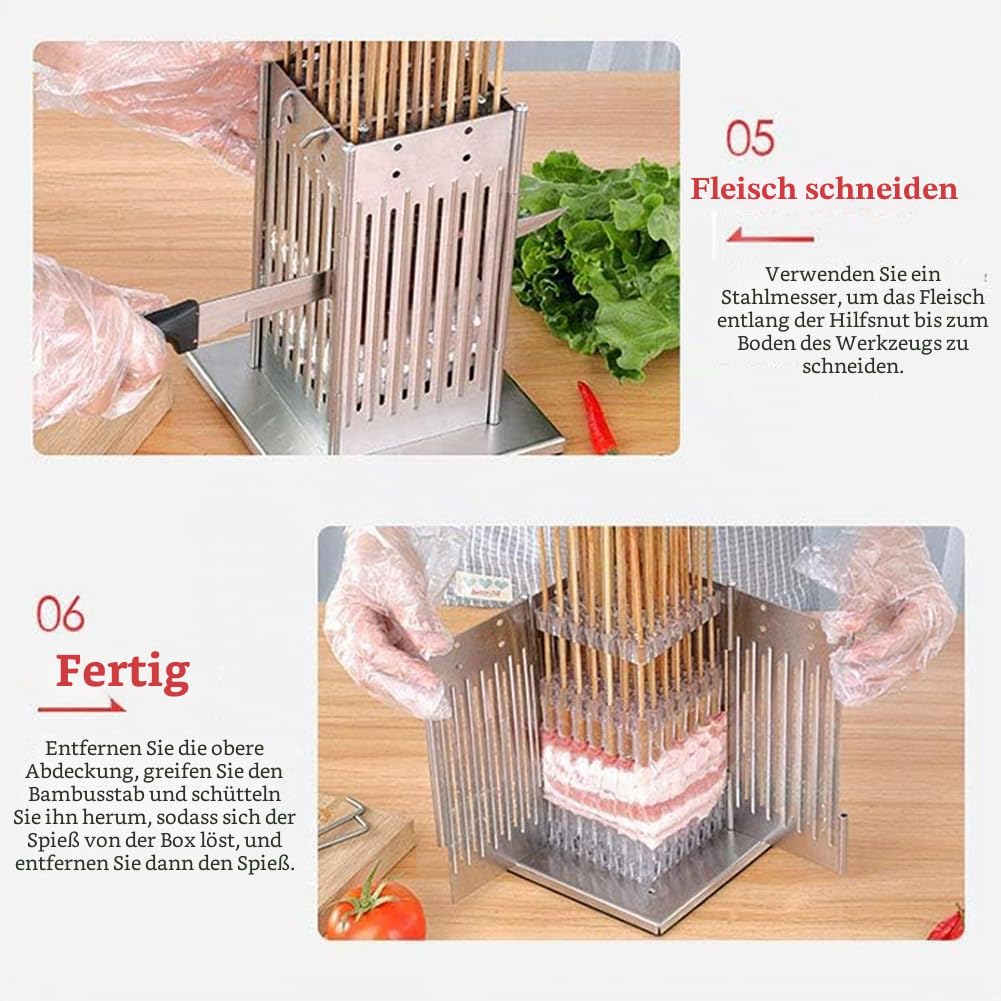 49 Löcher Edelstahl Fleischspießmaschine Kabob Maker Box BBQ Tool mit 100 Bambusstäbchen Einstellbare Höhe Rind Hammel Fleisch Grillmaschine für Küche Barbecue Shop Picknick