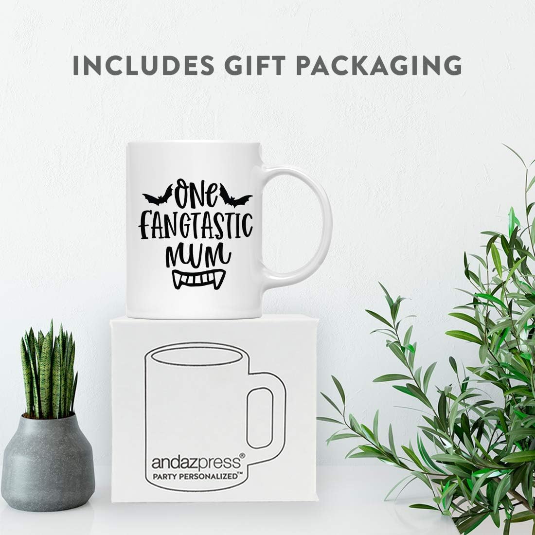 Andaz Press Funny Halloween 11oz. Ceramic Coffee Tea Mug Gift, One Fangtastic Mum, Bat Graphic, 1-Pack, Birthday Christmas Gift Ideas