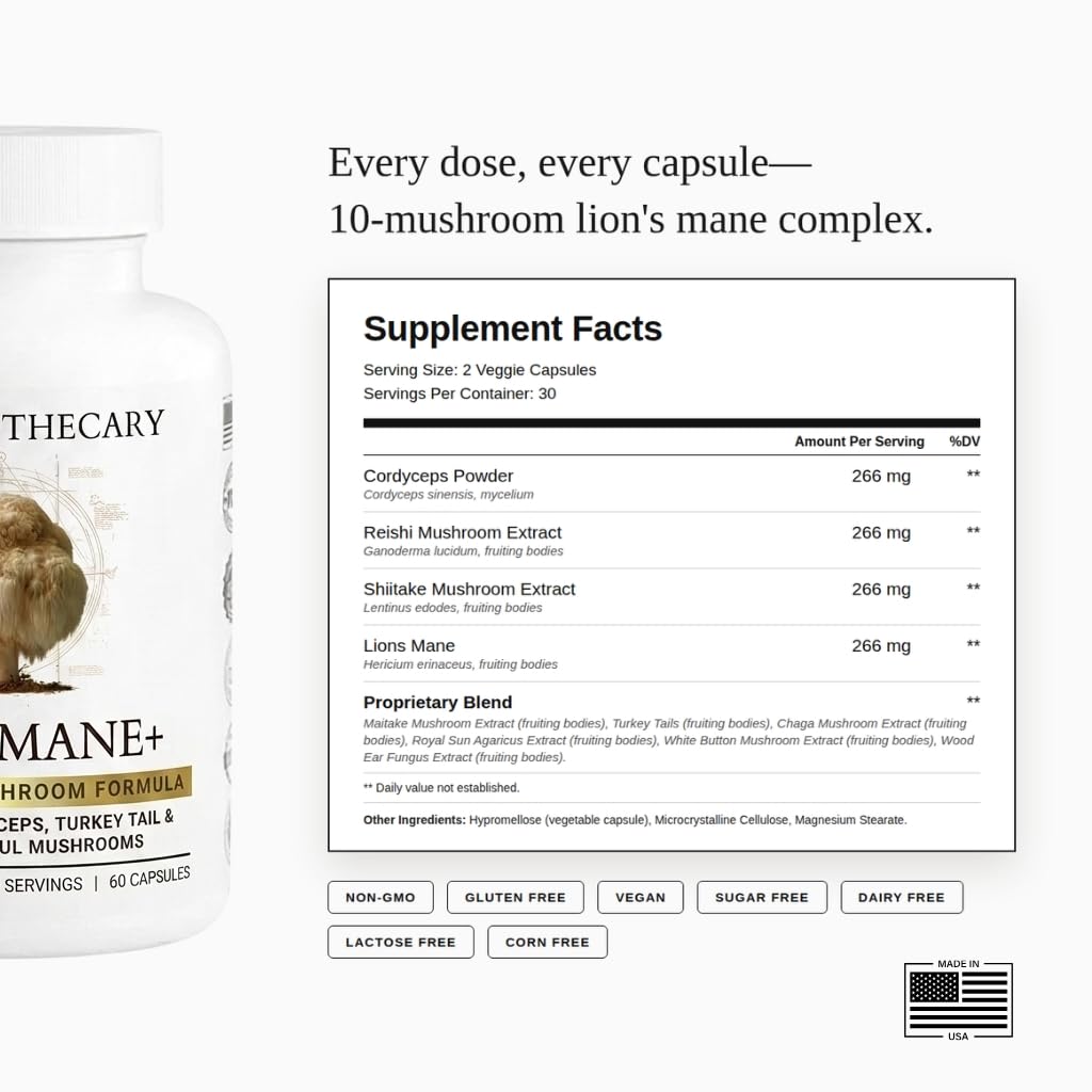 Lions Mane 10x Mushroom Complex 10 in 1, Cordyceps Reishi Shiitake Chaga Maitake Turkey Tail, Brain Focus & Immune Support, 60 Veggie Capsules — Amazon image 3