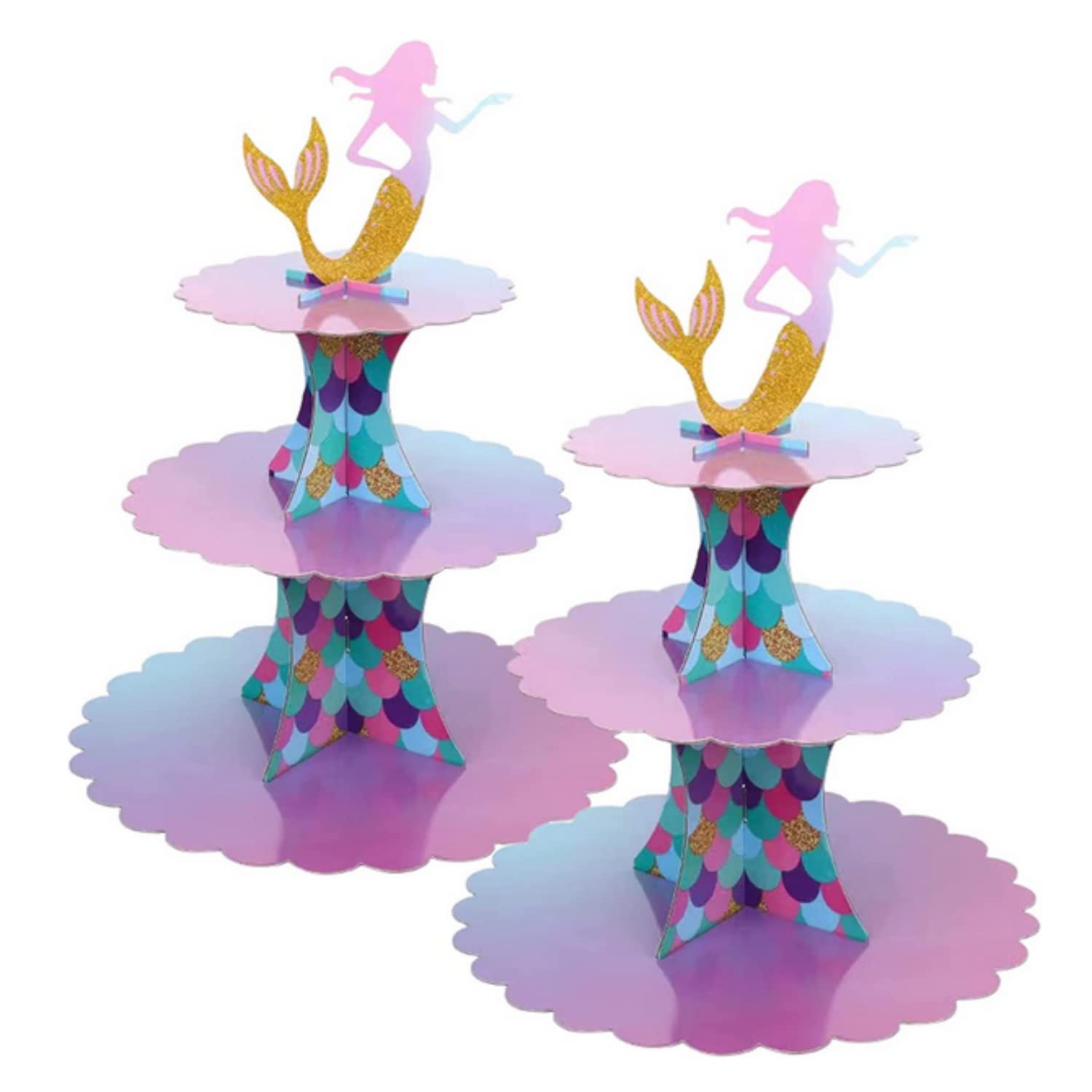 SKEIDO 3 Tier Mermaid Party Supplies Mermaid Cake Stand Mermaid Tail Cupcake Stand Holder for Girls Under The Sea Mermaid Theme Party 2set