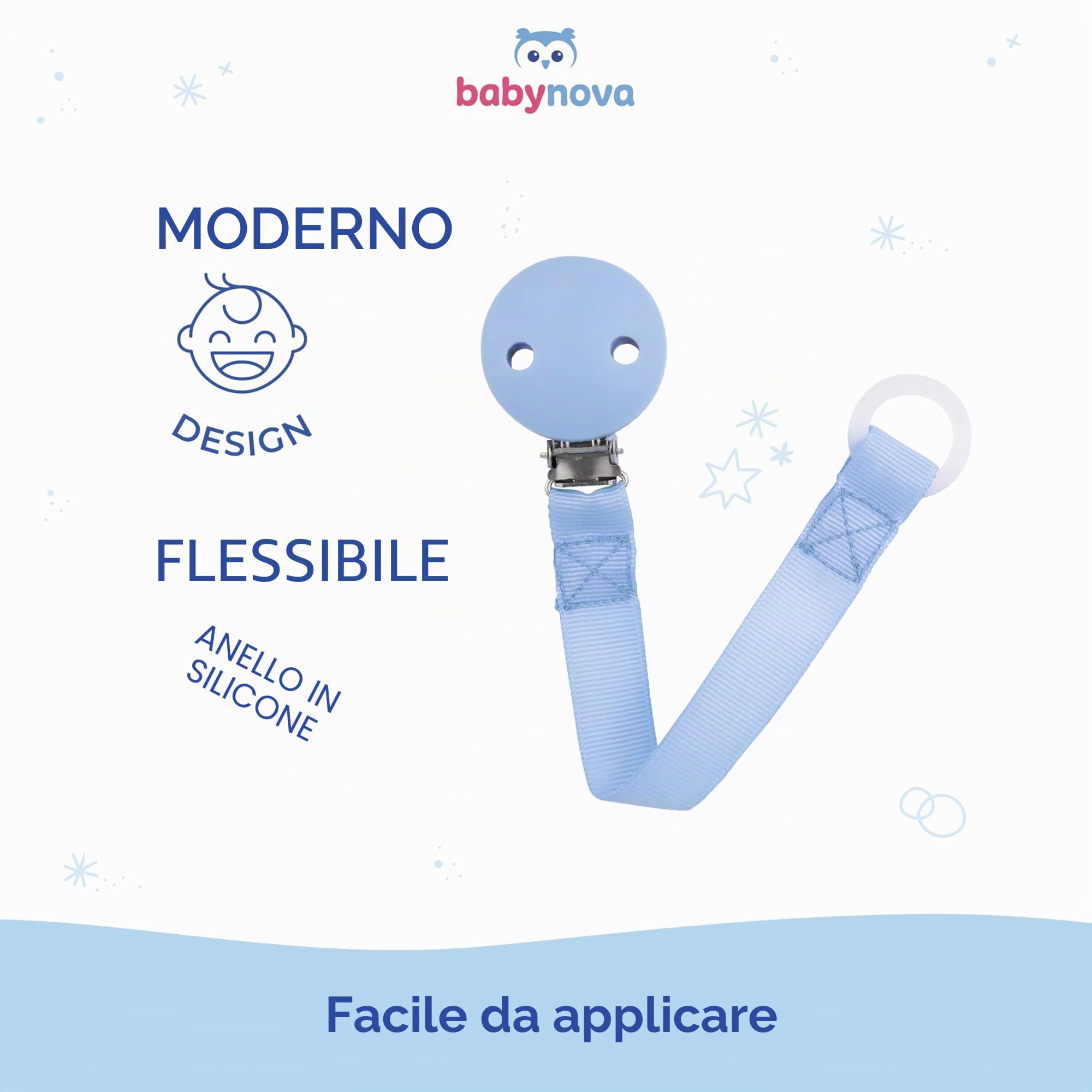 babynova Catenella portaciuccio con cinturino in tessuto, clip e anello in silicone – Portaciuccio per neonati – Adatto a qualsiasi ciuccio – Essenziale per neonati – Senza BPA – Blu