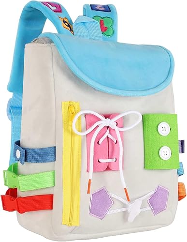 Busy Board - Mochila para niños pequeños con hebillas y juguetes de actividades de aprendizaje, desarrolla habilidades motoras finas y habilidades