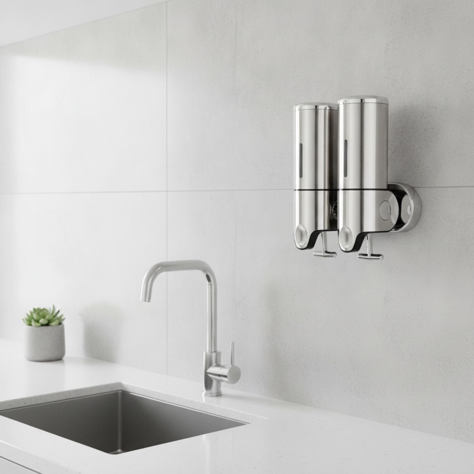 Dispenser di Sapone a Muro, Stile Moderno Minimalista, Acciaio Inossidabile, Doppio Dispenser