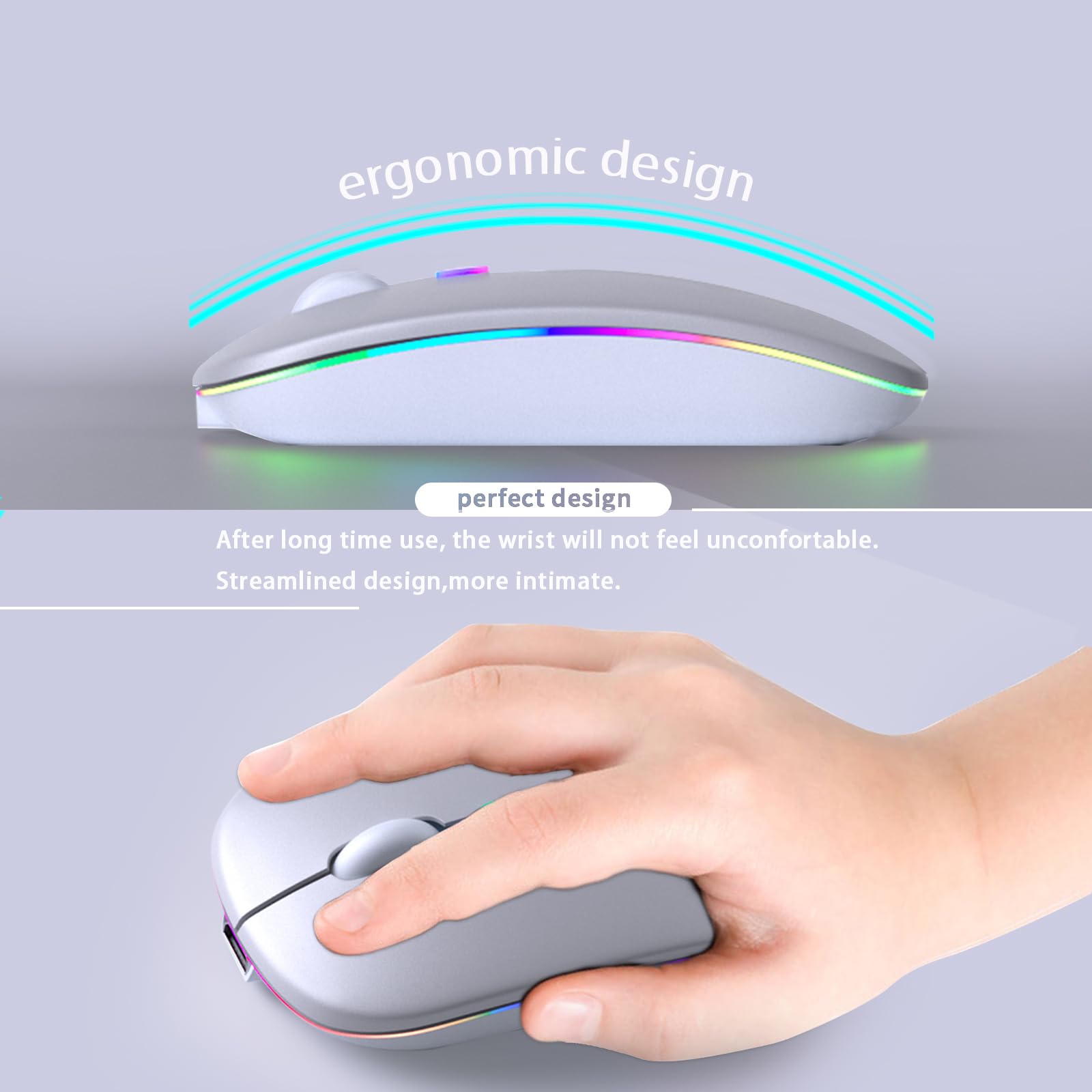 KANMABPC Ratón Bluetooth inalámbrico, recargable, silencioso, modo dual (Bluetooth 5.2 y USB) con luces LED, portátil para laptop, computadora de escritorio y tableta (plateado)