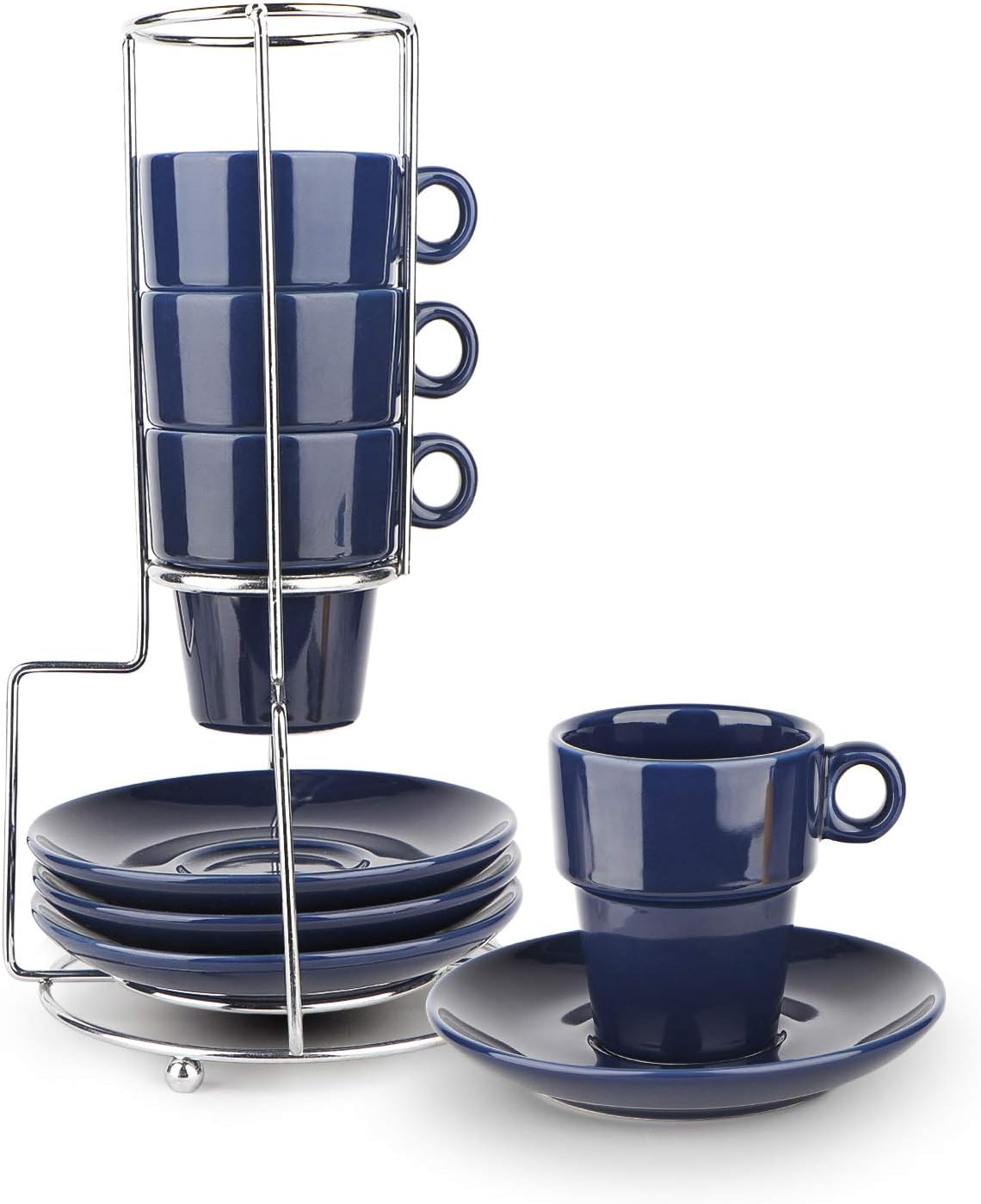 Espresso Cups and Saucers Set of 4 with Stand Rack,9-piece Porcelain Stackable Espresso Mugs, 3.3oz(95ml) Demitasse Cups for Espresso, Latte, Cafe Mocha