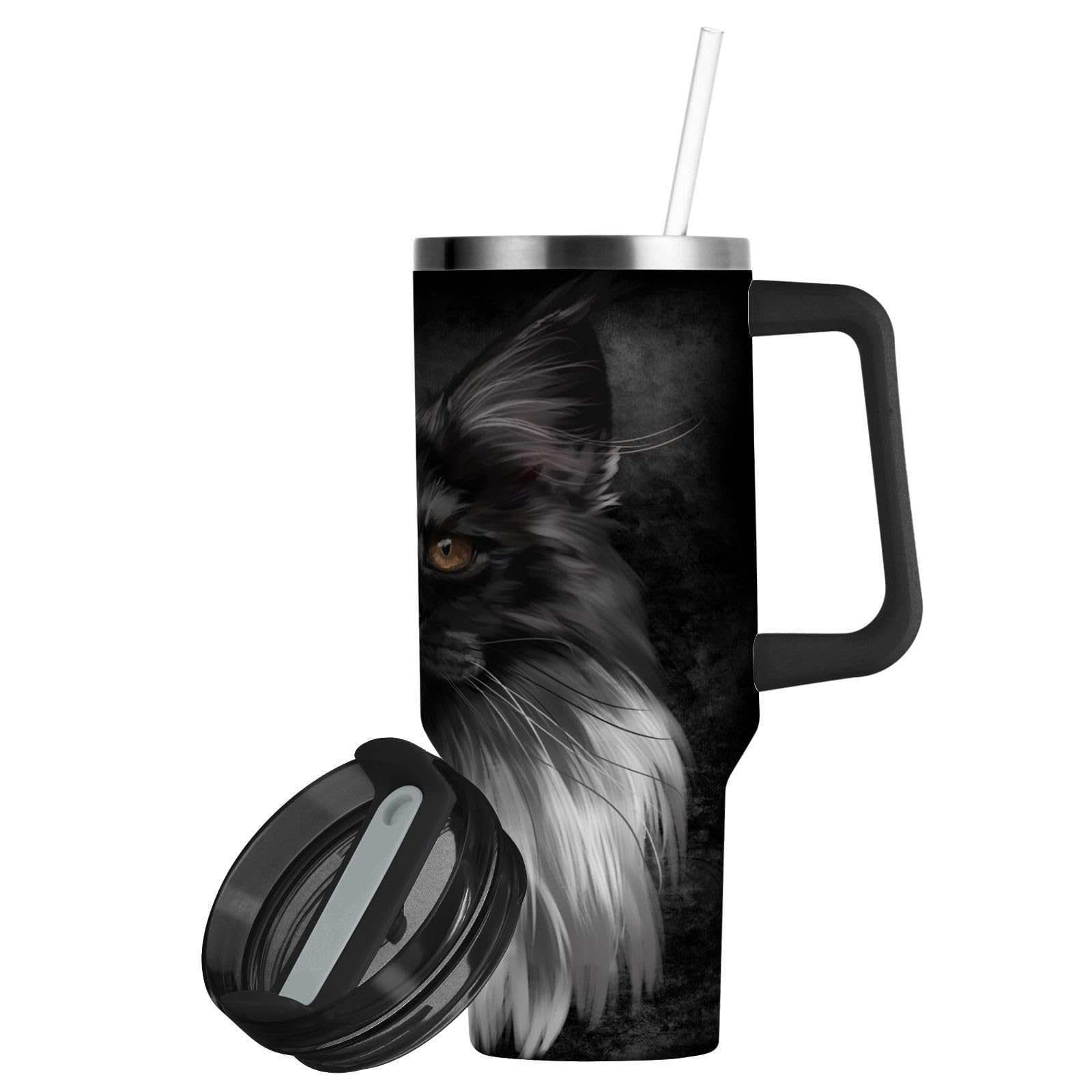 Isolierter Trinkbecher, schwarz, Maine Coon Katze, doppelwandig, Edelstahl, Wasserflasche, Kaffeetasse, Reisebecher mit Griff, Strohhalm-Deckel