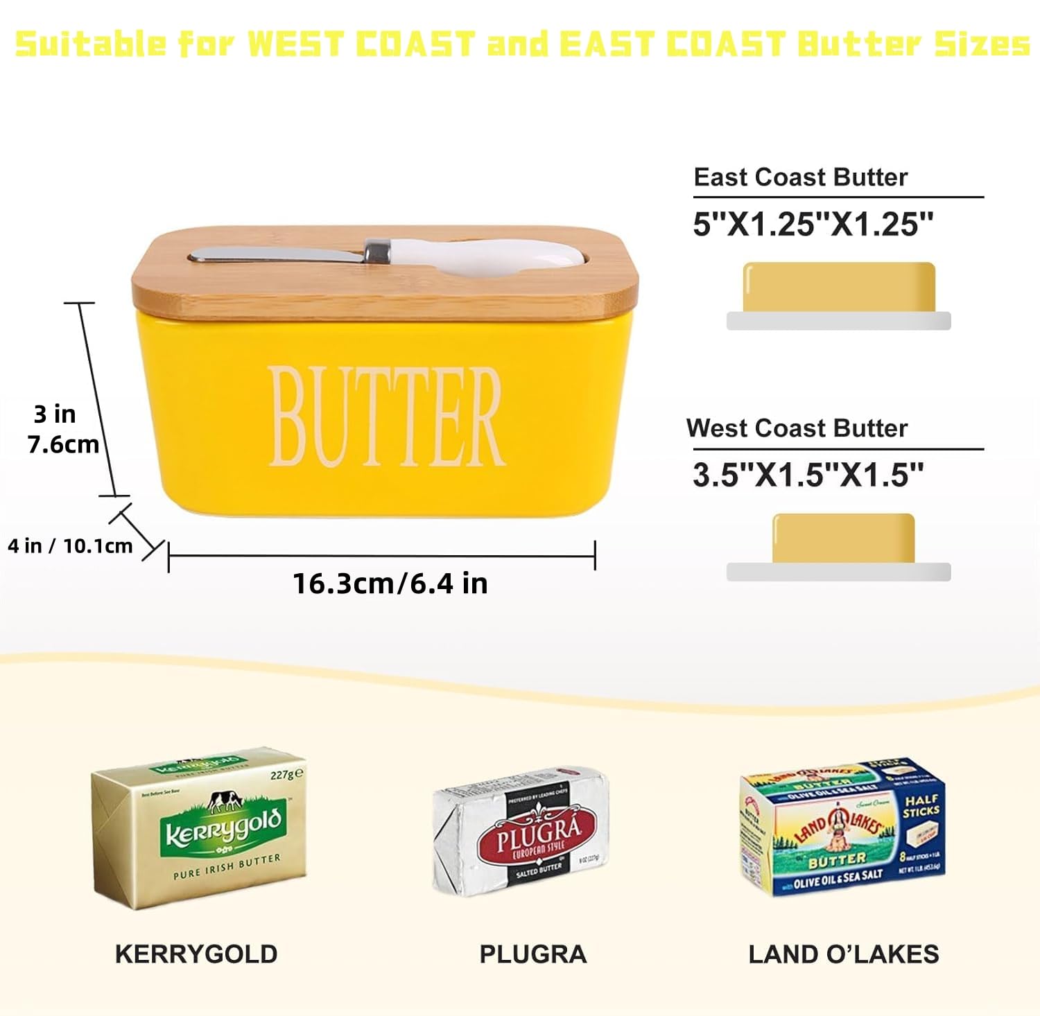 Porcelain Butter Dish, European Size Ceramic Butter Container with Wooden Lid, Butter Container with High Quality Silicone Seal, Perfect for Butter, Nuts, Cheese, 650ml (Yellow) - Image 3
