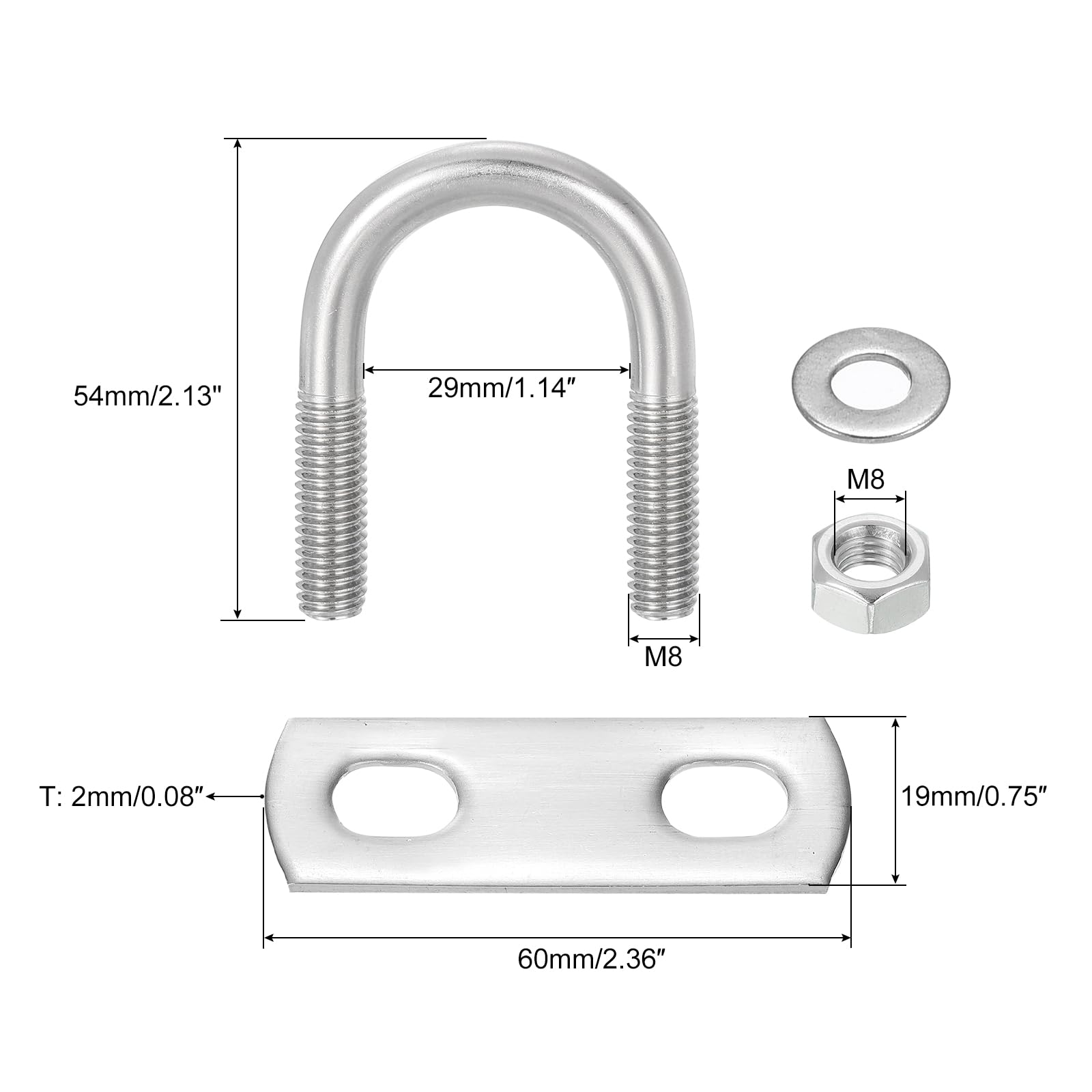 QUARKZMAN Boulons en U Ronds, 8 Ensembles 27mm(1.06") Largeur Intérieure 54mm Longueur M8 Boulon de Serrage en U en Acier Inoxydable 304 avec Écrous et Plaques, pour Remorque de Bateau