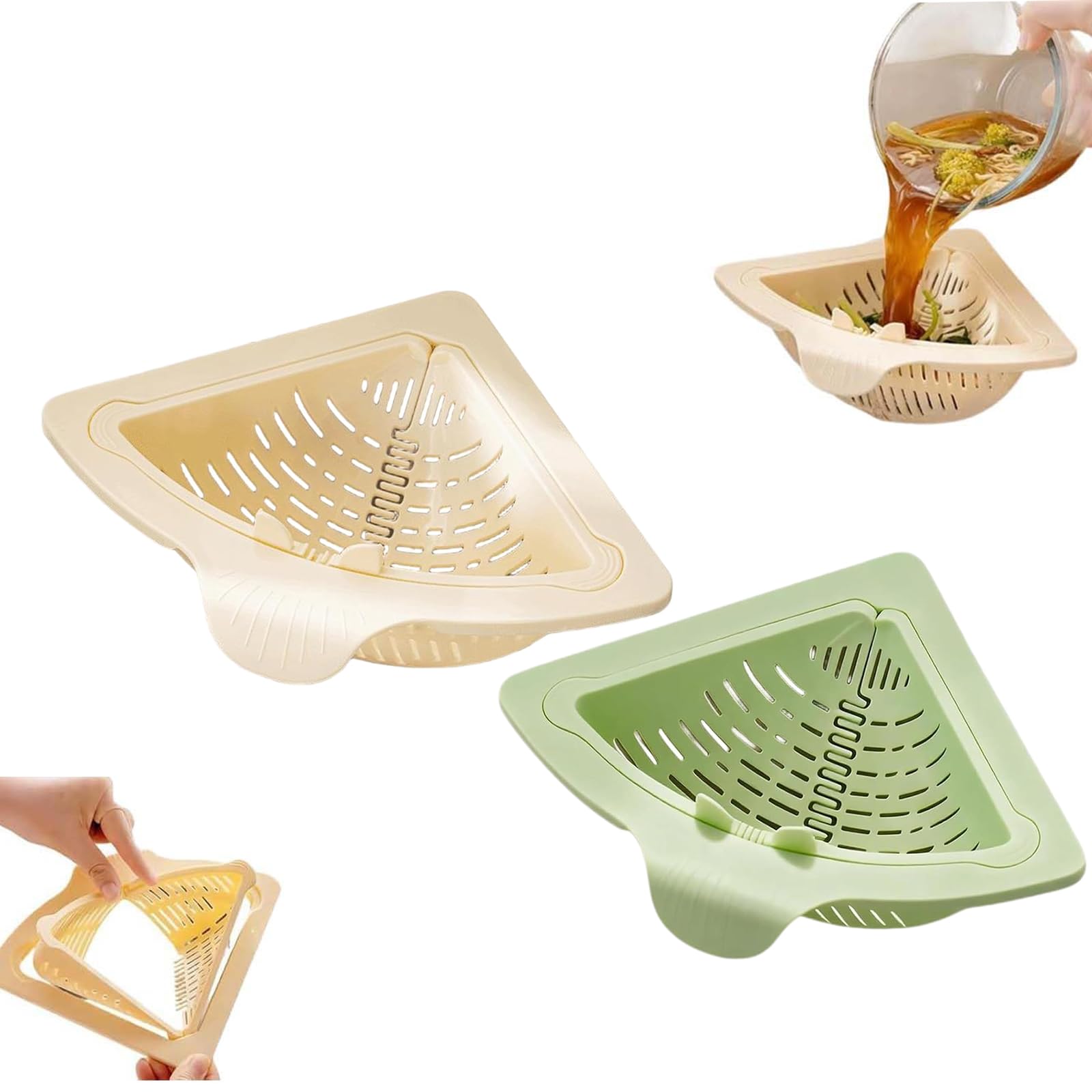 Magnetic Suction Space-Saving Corner Sink Strainer, Magnetic Triangular Sink Corner Rack, Punch-Free Triangular Draining Basket for Sink,Punch-Free for Washing Fruits & Vegetables (White+Green)