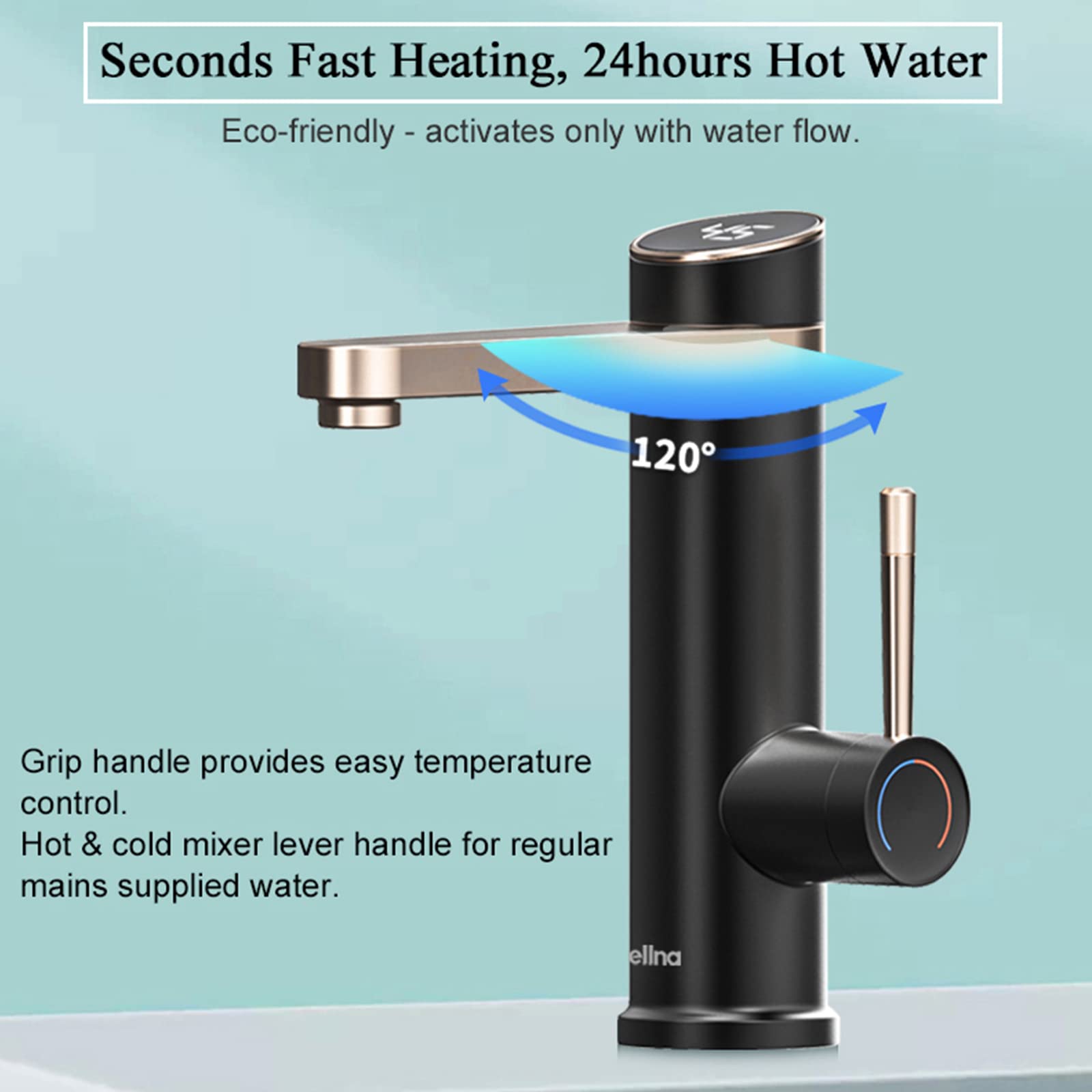 Rubinetto Bagno Nero, Rubinetto Lavabo Bagno Monocomando, Rubinetti Lavabo Vanity, Rubinetti Bagno Monoforo, con Display della Temperatura a LED Rubinetto Acqua Calda Istantanea, Rubinetto Scaldabagno