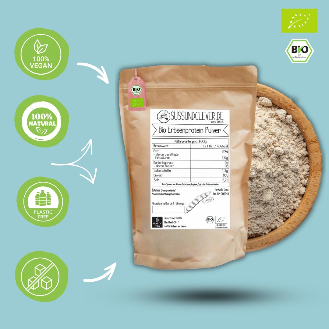 süssundclever.de® Bio Erbsenprotein Pulver | Isolat | 82% veganes Protein | 3,0 kg (3 x 1kg) | Ohne Zuckerzusatz oder Aromen | in ökologisch-nachhaltiger Verpackung