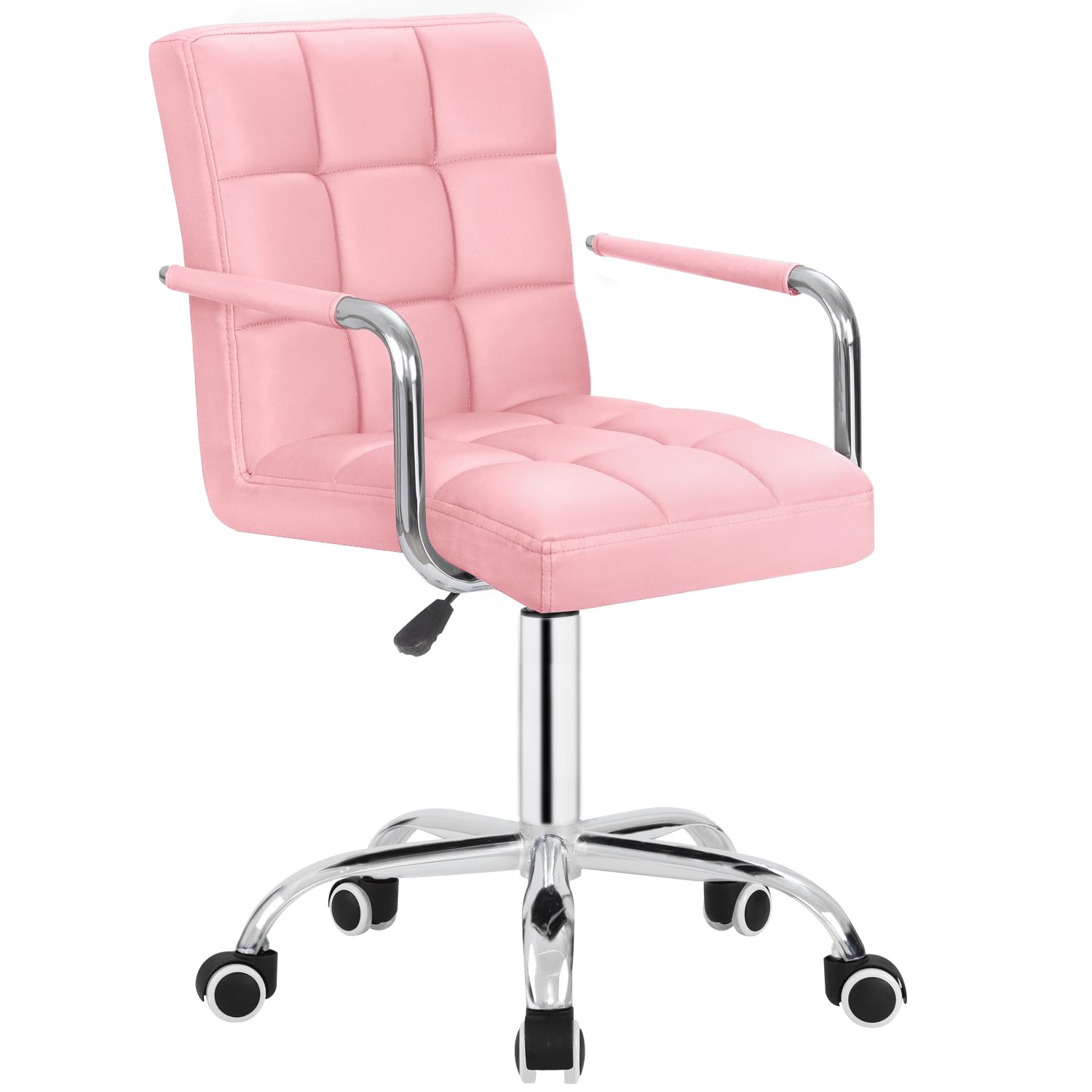 JUMMICO Modern Office & Vanity Desk Chair - Mid-Back Rolling Chair with Wheels, PU Leather, Cute for Office, Teen & Bedroom Desks (Pink)