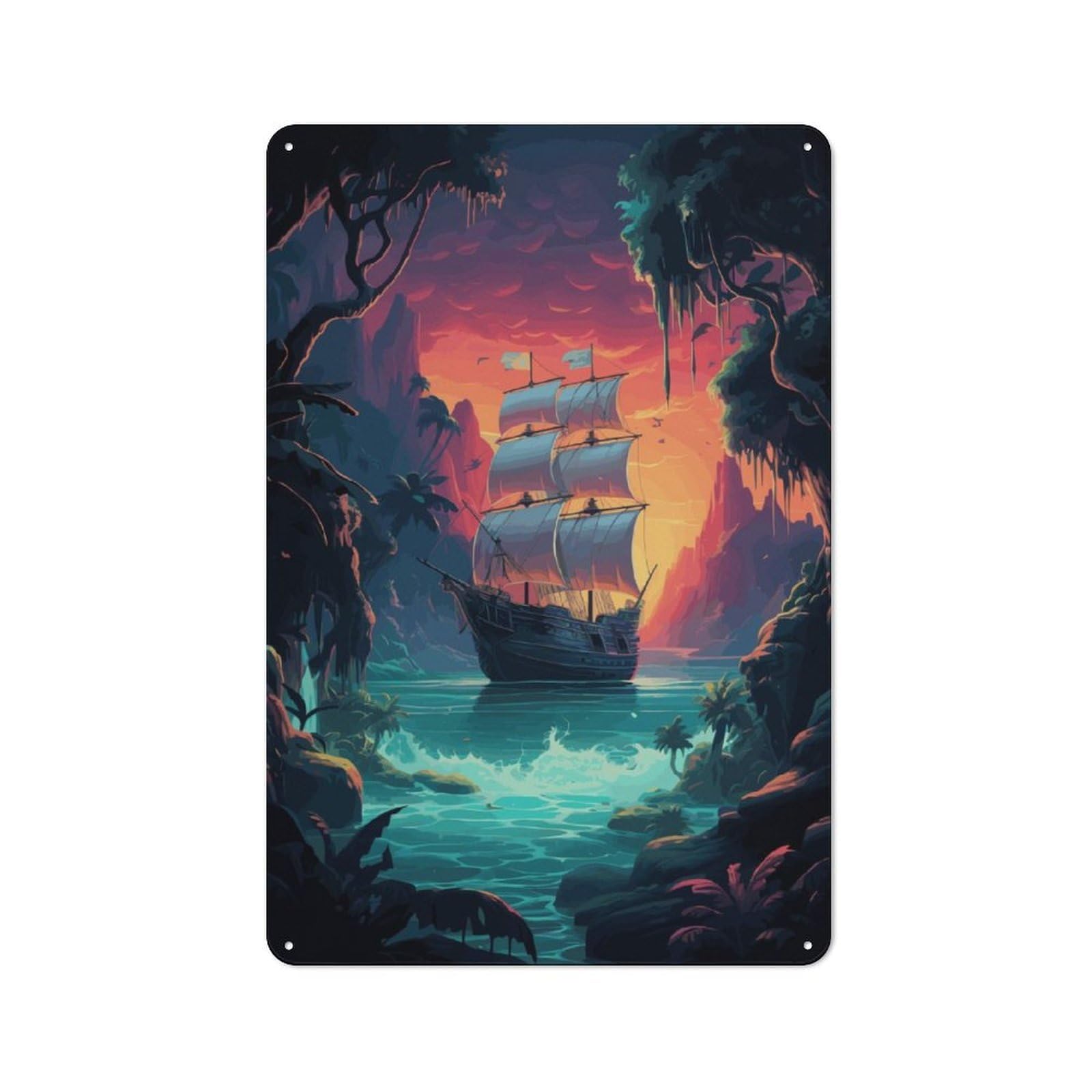 Mysterious Pirate Ship Metal Wall Plaque, Easy to Hang Plaque for Home Cafe, Breakfast Area Or Pantry Wall, 30x20cm