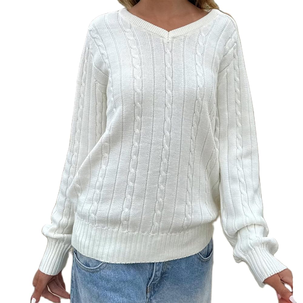 Women V Neck Cable Knit Sweater Y2K Long Sleeve Lightweight Knitted Pullover Sweater Casual Solid Color Fall Outfit
