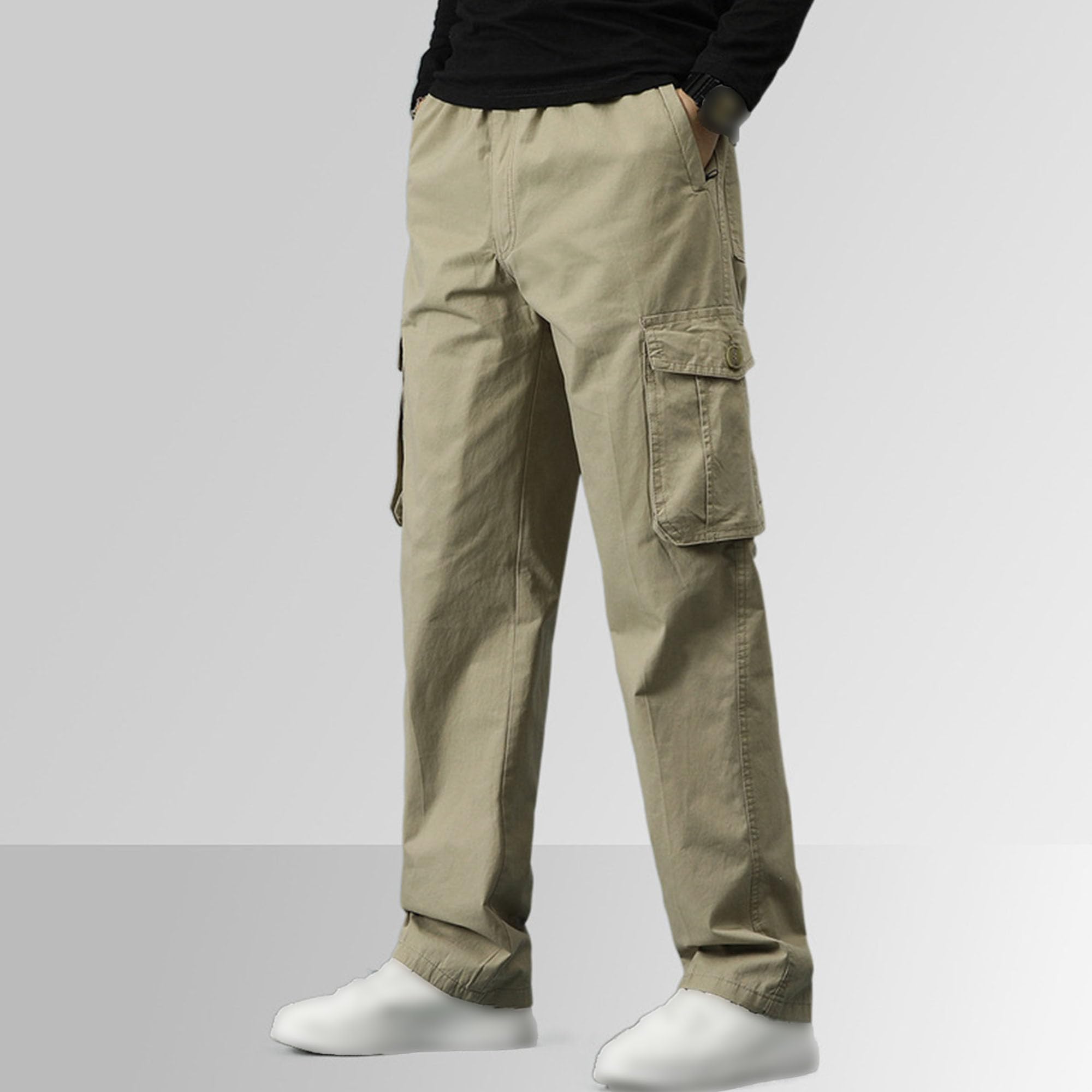 Mens Relaxed Fit Casual Pants Straight Leg Loose Fit Cargo Trouser Elastic Waist Tactical Pants Multi Pockets (X-Large,Khaki)