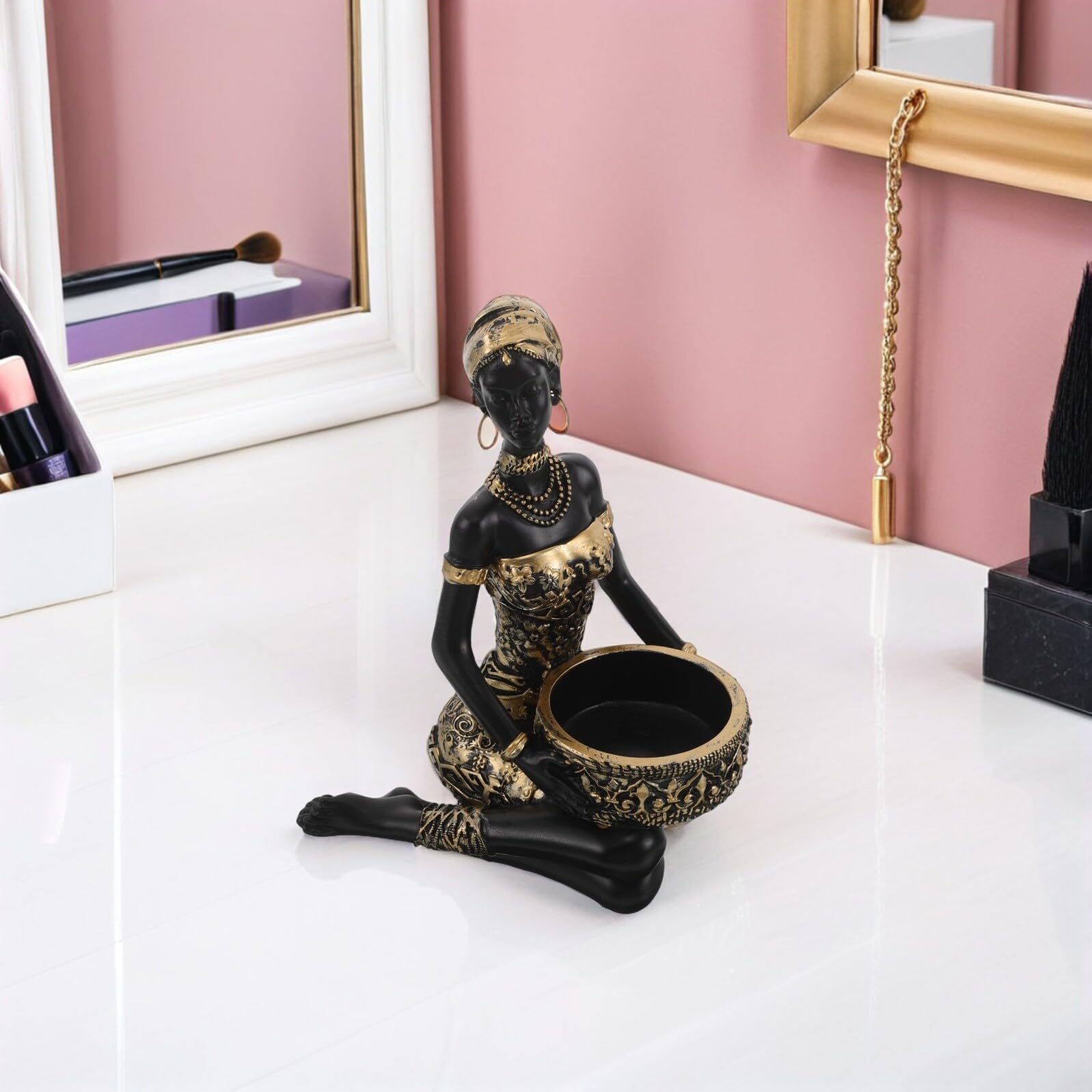 Organizador de Joyas Bandeja Decorativa con Figura Africana Femenina Resina Soporte para Anillos y Collares para Exhibición y Decoración de Mesa el Hogar