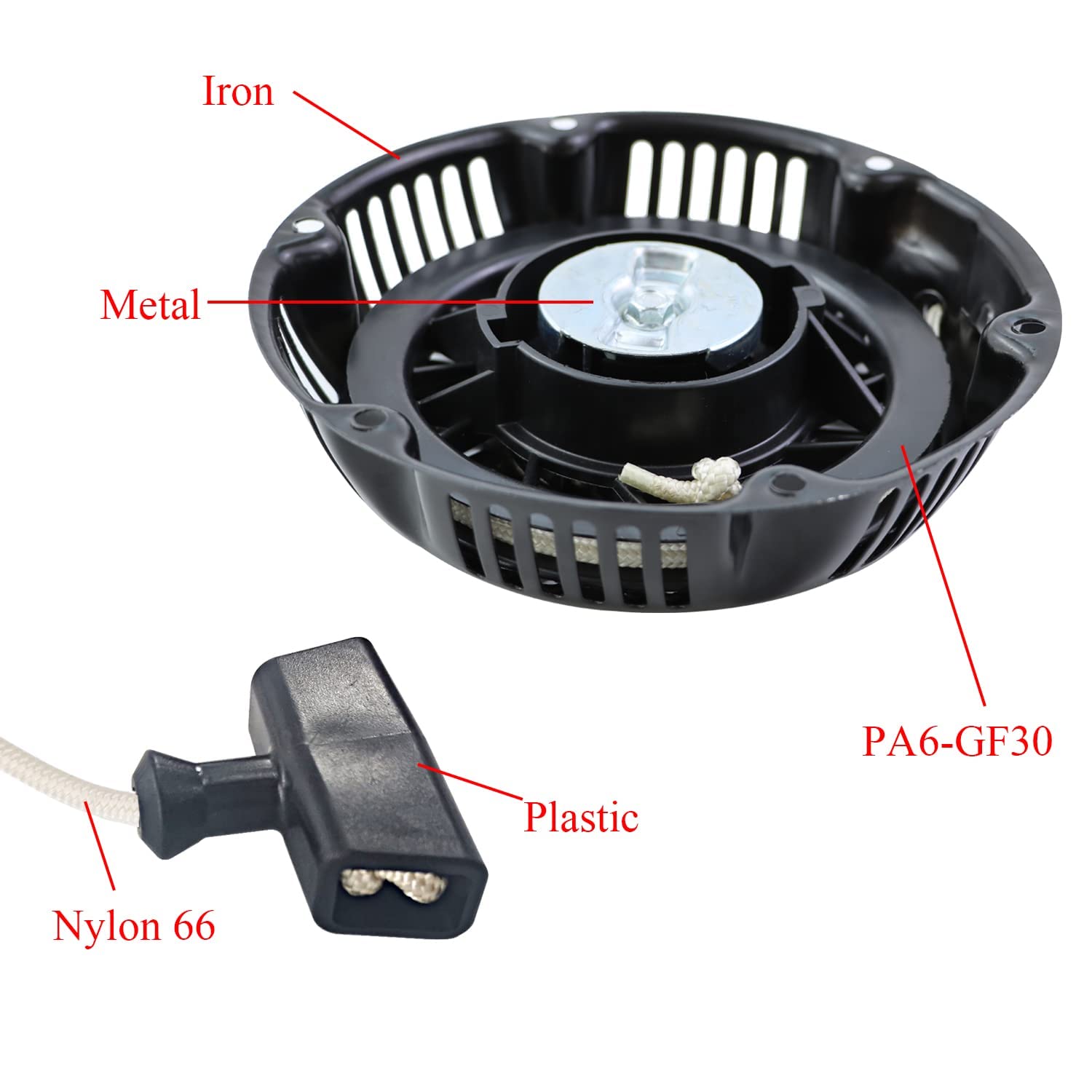 WOTIAN Recoil Starter 797747 Briggs and Stratton - Conjunto de arranque para generador de 420 cc, color negro, 6 agujeros con cuerda de 160 cm