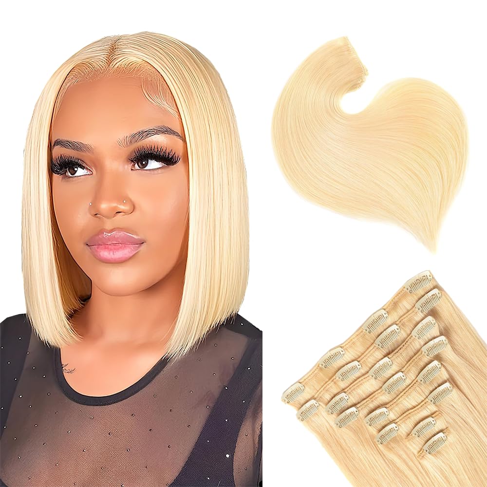 Gsoroel Invisible Clip In Human Hair Extension Straight 7 Pack 120g #613 Blonde Double Weft Unprocessed Virgin Seamless Extensions Clip In Human Hair 14 Inch