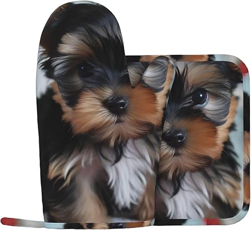 Yorkie - Juego de guantes de horno y soportes para ollas con estampado para cachorros, resistentes al calor, antideslizantes, forro suave, guantes