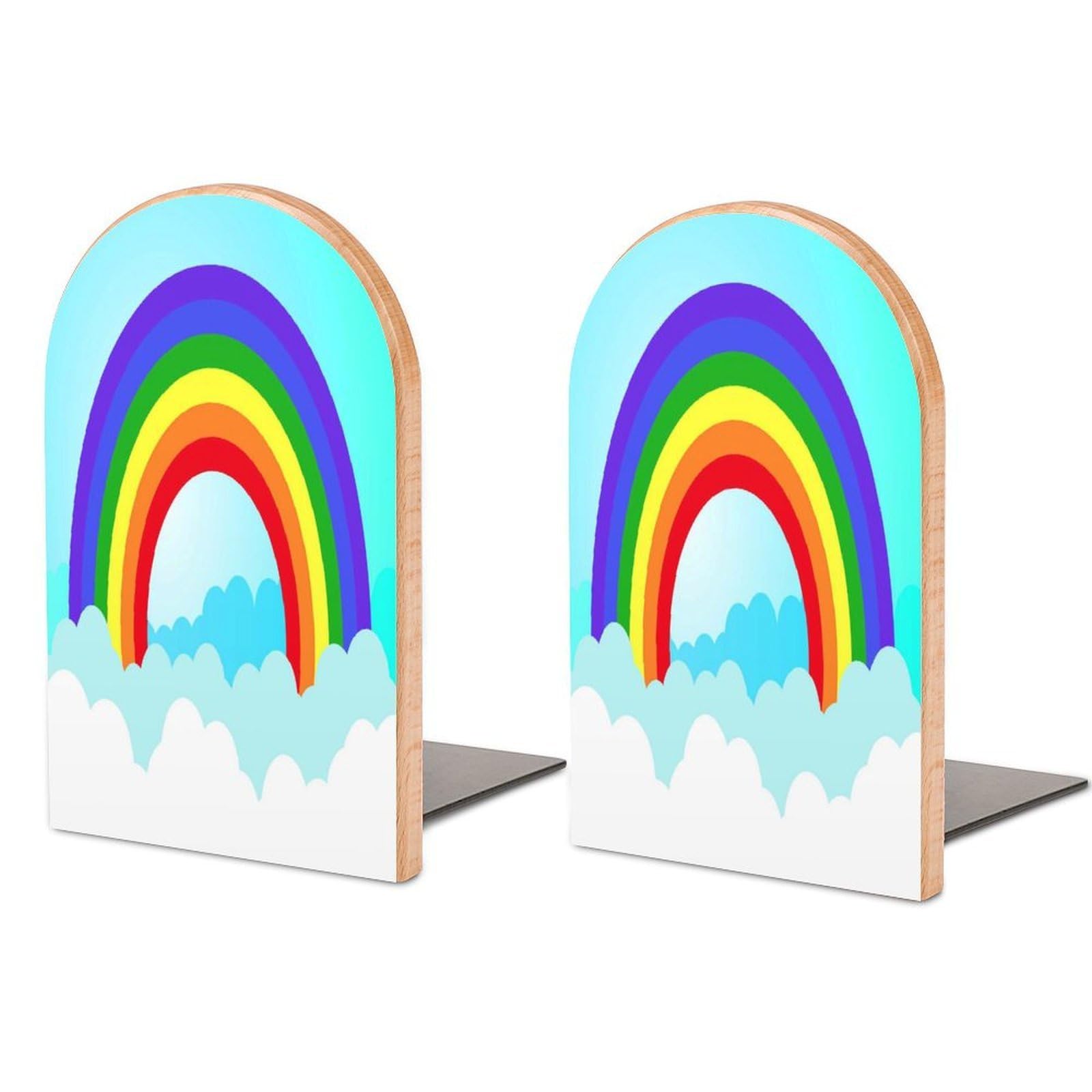 Rainbow Sky with Clouds Cartoon Background Beech Wood Bookends Heavy Duty Book Organizers Desktop File Holder for Office Home Bookshelf