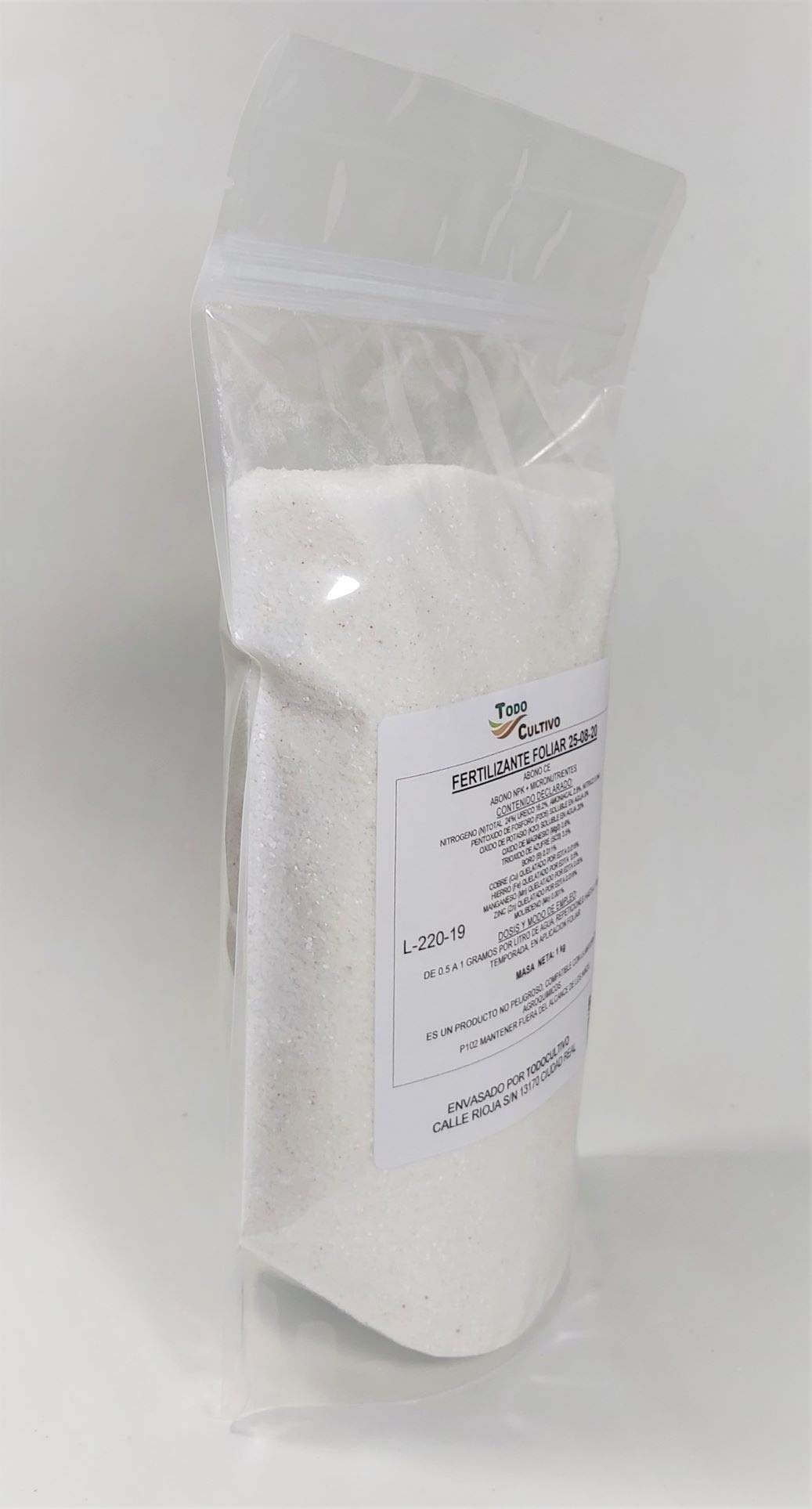 TODOCULTIVO abono foliar 25-08-20 con Magnesio y Boro. 1 Kilo. Estimula el Desarrollo y Vigor de la Planta favoreciendo la floración y cuajado evitando perdida de Fuerza por Exceso de Cosecha.