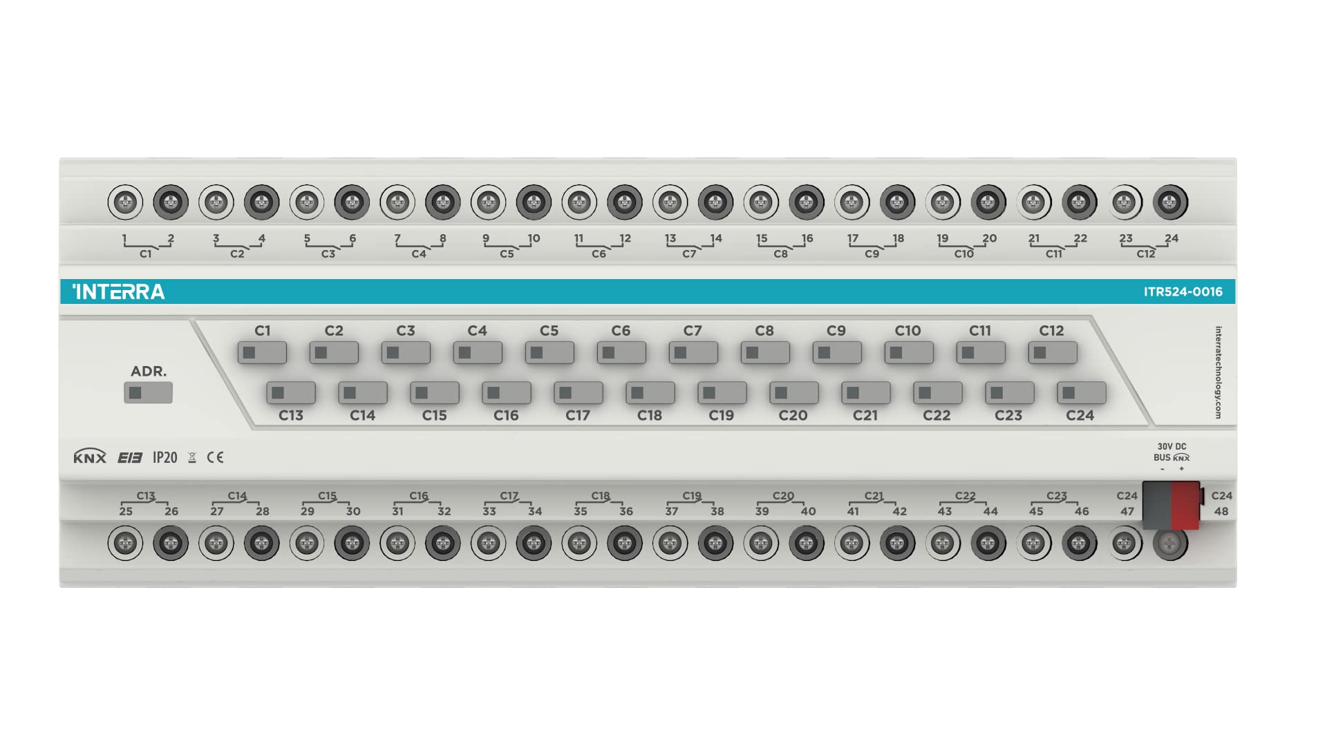 INTERRA Actionneur KNX 24 voies 140 µF - Actionneur combiné - Actionneur universel - Actionneur de volet roulant - C - Actionneur de charge - 24 canaux de 16 A