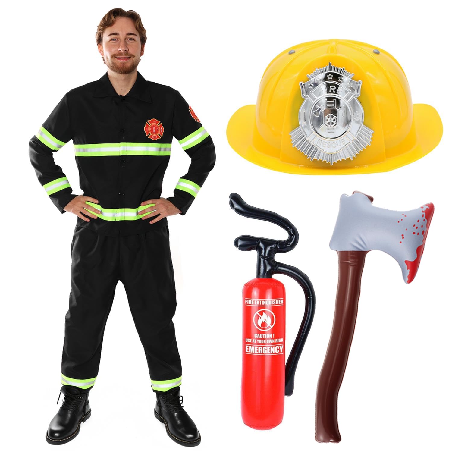 Adults Fire Fighter Costume - XX-Large - Fireman Uniform with Reflective Detail, Yellow Helmet, Inflatable Fire Extinguisher, Inflatable Axe - Funny Stag Do Fancy Dress Costume