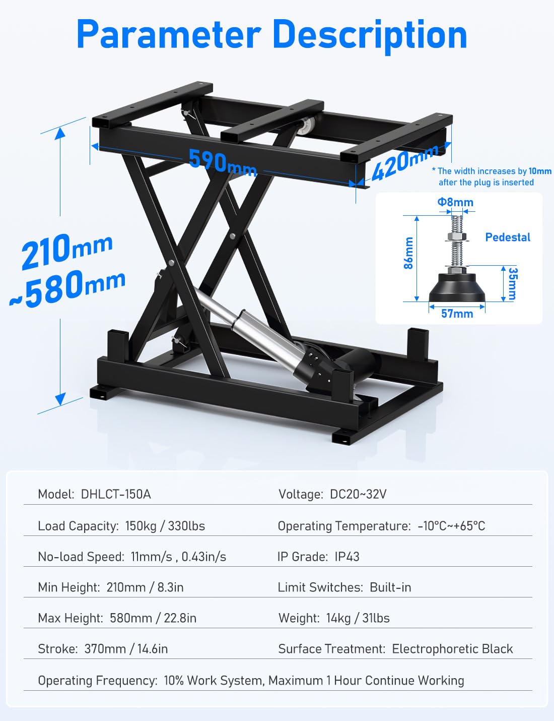 DIHOOL Mesa elevadora eléctrica de 150kg mesa elevadora plataforma elevadora laboratorio taller coche altura ajustable 210-580mm elevador AC 100-240V y DC 24-30V