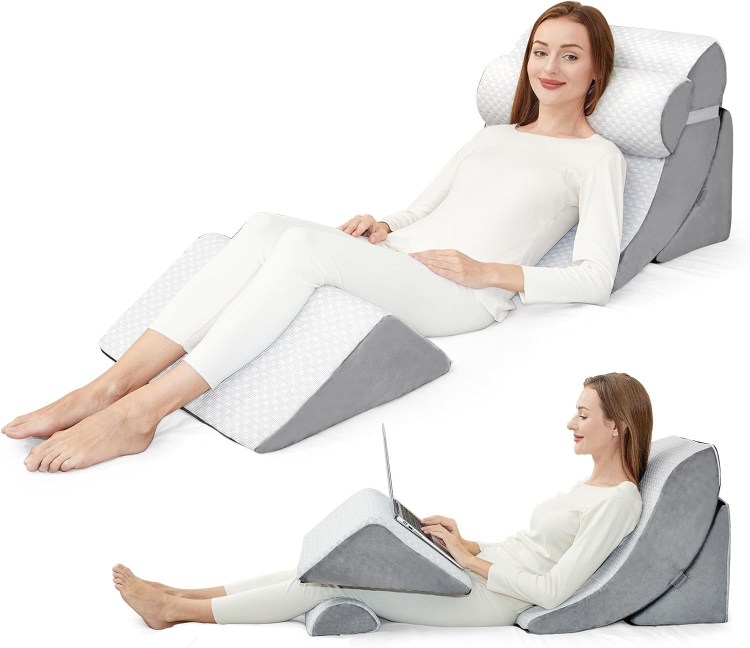 4pcs Wedge Pillow Set for After Surgery,Bed Wedge Pillows for Sleeping,Post Surgery Recovery? 45 Degree Wedge Pillow for Acid Reflux Relief and Anti-snoring? Gray + Light Gray Polycotton