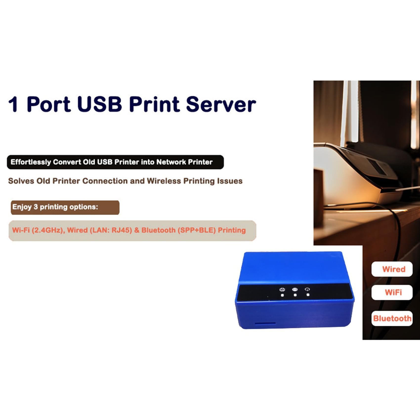 2X Server di Stampa Bluetooth Ethernet WiFi, Trasforma La Tua Stampante USB in Una Stampante Wireless. Spina UE