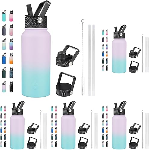 Miniatura 92 de BJPKPK Botellas de agua aisladas con tapa con pajilla, termo frío y caliente de 22 onzas, botella de agua de metal de acero inoxidable con 3 tapas,