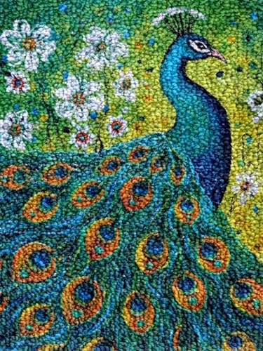 Generic Flower Peacock Latch Hook Kits Rug DIY Cushion Tapestry Making Crochet Hook Mat Making Kits Color Preprinted Pattern Canvas DIY Carpet Needlework Crochet Kits 52x38cm (series-95)