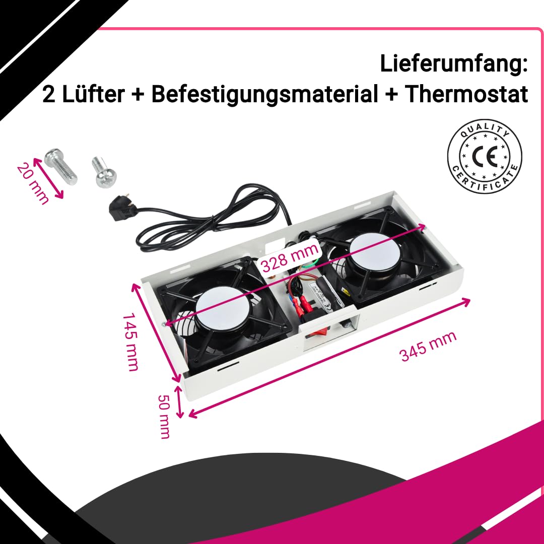Dachlüftereinheit für Netzwerkschrank grau 2x Lüfter Schalter Thermostat | Lüftermodul für Serverschrank Wanschrank | 2x Lüfter, Schalter & Thermostat | 276 m³/h freiblasender Volumenstrom | Grau