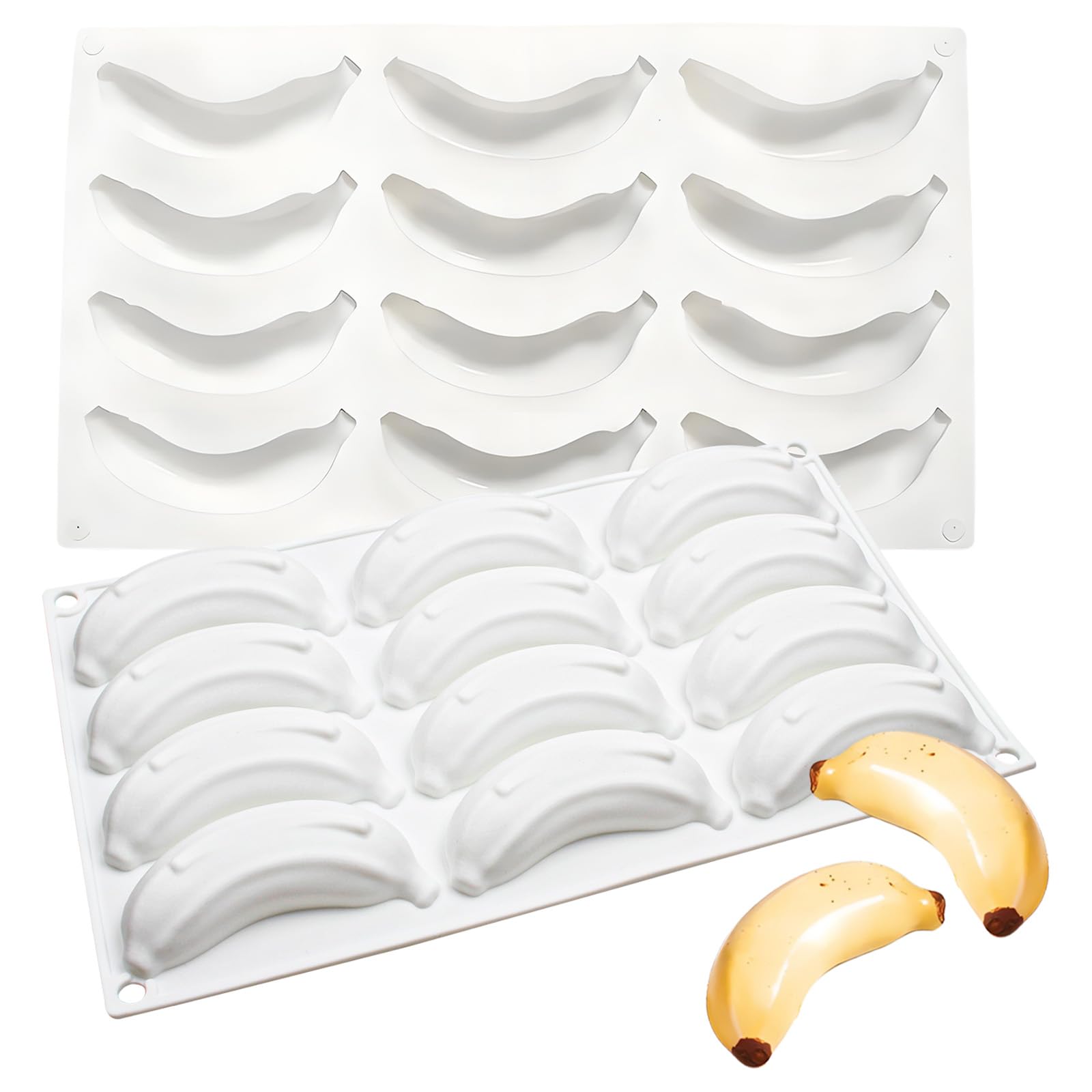 Stampo in silicone 3D a forma di banana, 12 cavità per dessert come mousse, torte, cioccolatini, dolci al cioccolato, tartufo, gelatina, biscotti e budino