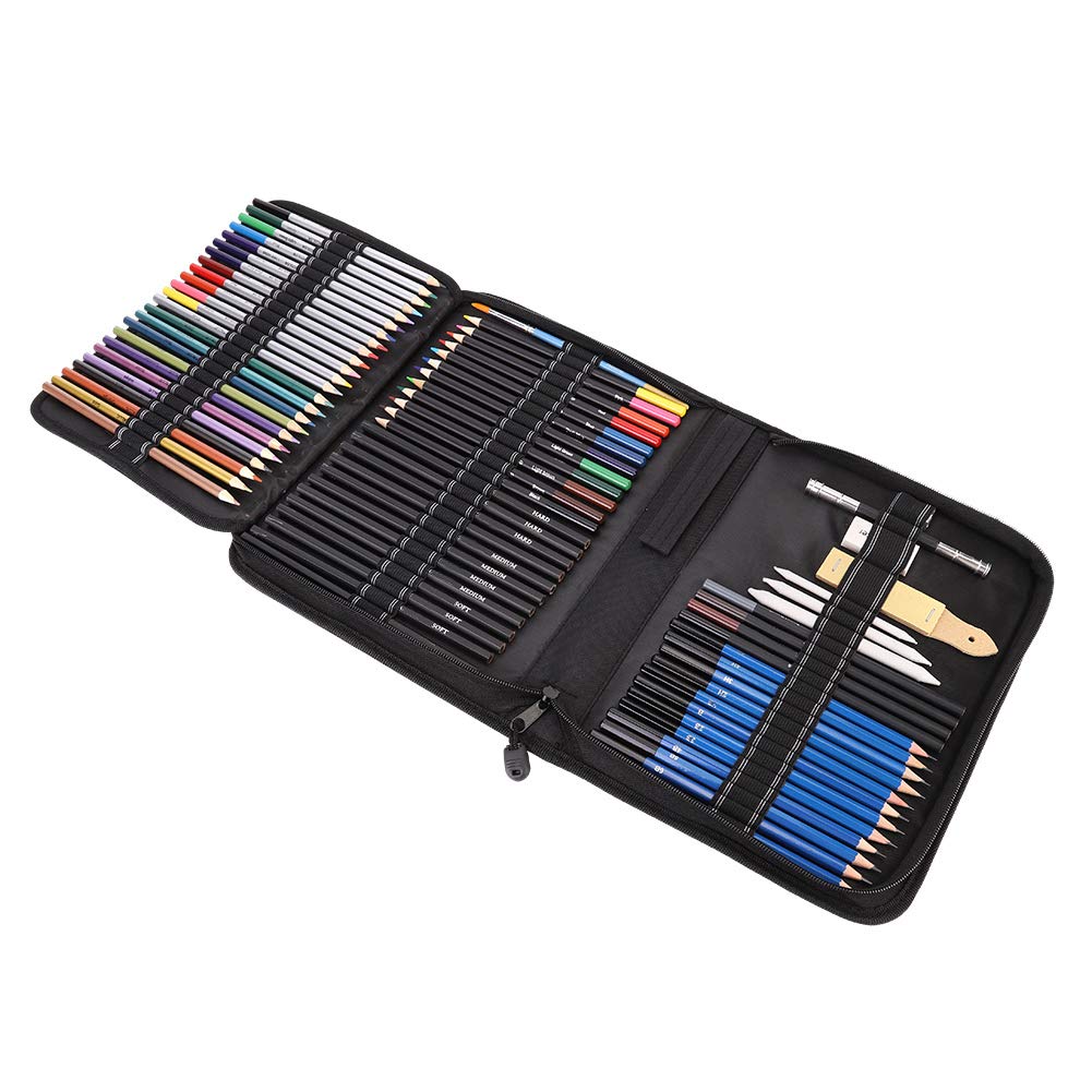 72pcs Skizze Zeichnung Farbstift Kunst Holzkohle Bleistift Radiergummi Set, Tragbare Tragetasche, für Malerei, Skizzieren, Carbon Malerei