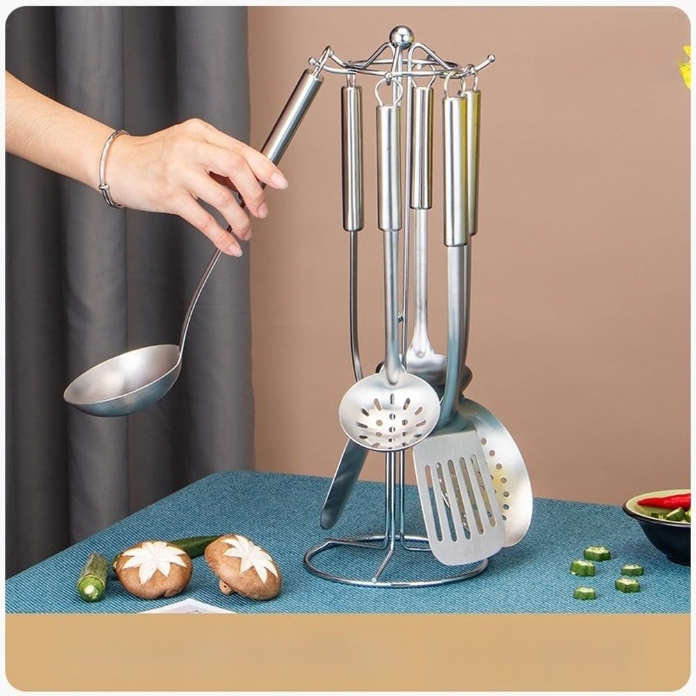Juego de utensilios de cocina de acero inoxidable, 7 piezas con estante de almacenamiento, herramientas de cocina resistentes al calor con asas antideslizantes para freír y freír