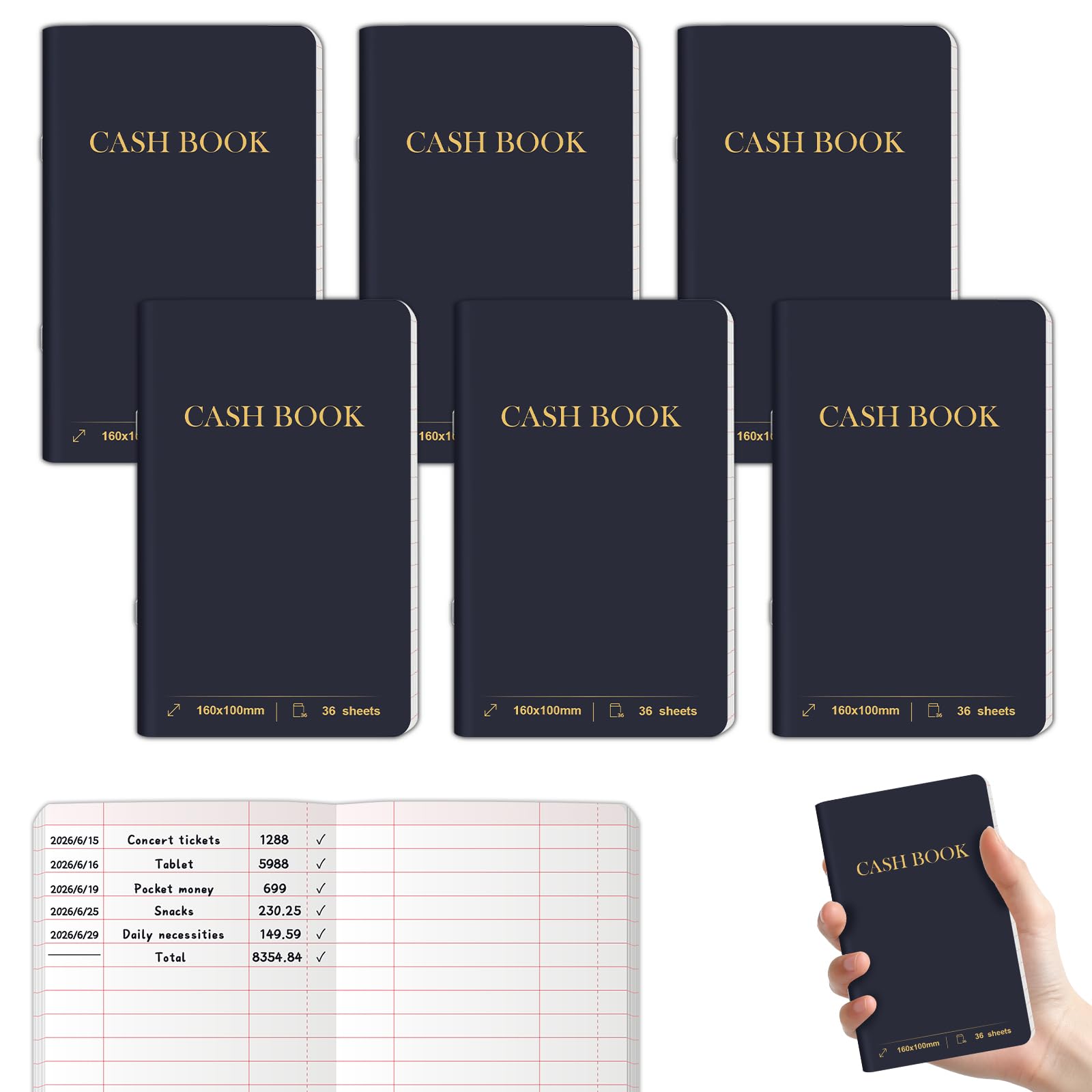 6 PCS Cash Book Small 36 Sheets Cash Record Book 4 Column Analysis Cash Income Expenses Book 160mm x 100mm Account Book Pocket Petty Cash Log Book for Small Business Personal Saving