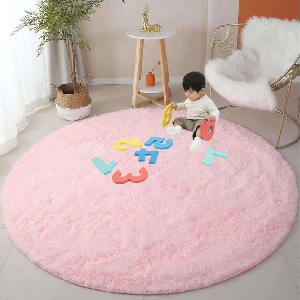 Pink Round Rug for Girls Bedroom, 120cm Circle Fluffy Rug for Kids Room